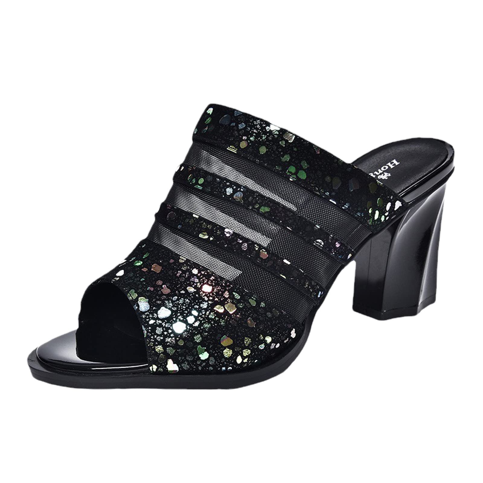 Sparkly Women's Glitter Heeled Mule Sandals with Sequins - Open Toe Dressy Casual Shoes for Parties, Weddings & Summer Outings
