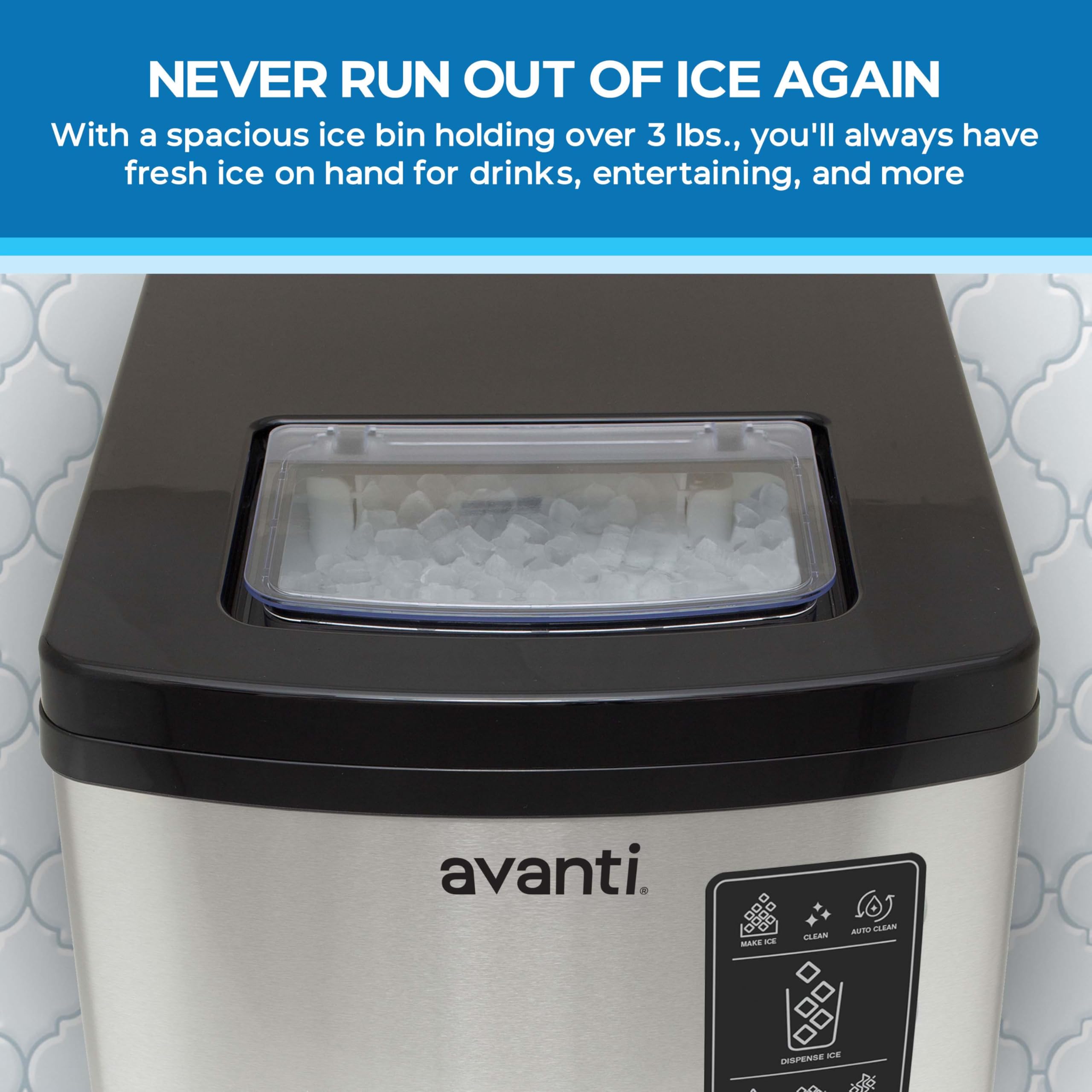 Avanti Countertop Nugget Ice Maker - 33lbs/Day Chewable Ice, Digital Controls & Dispenser, Self-Cleaning, Stainless Steel - Perfect for Home, Office, Restaurants, and Outdoor Entertaining