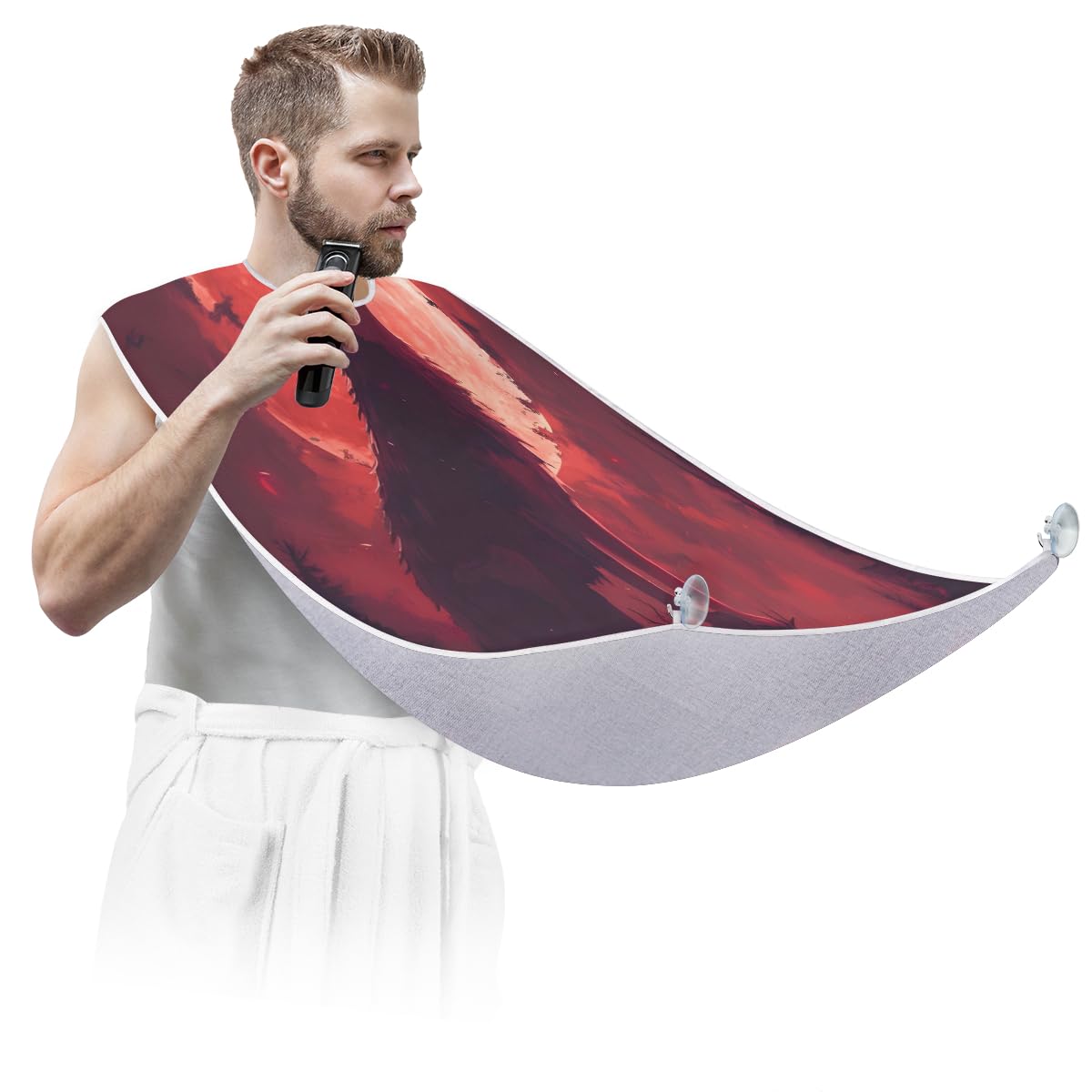 Howling Wolf Red Moon Beard Bib Hair Catcher for Men - Non-Stick Shaving Apron with Suction Cups, Grooming Cloth for Beards - Perfect Gift for Husband, Dad, Barber - Ideal for Home Grooming, Salon Use & Birthday Presents