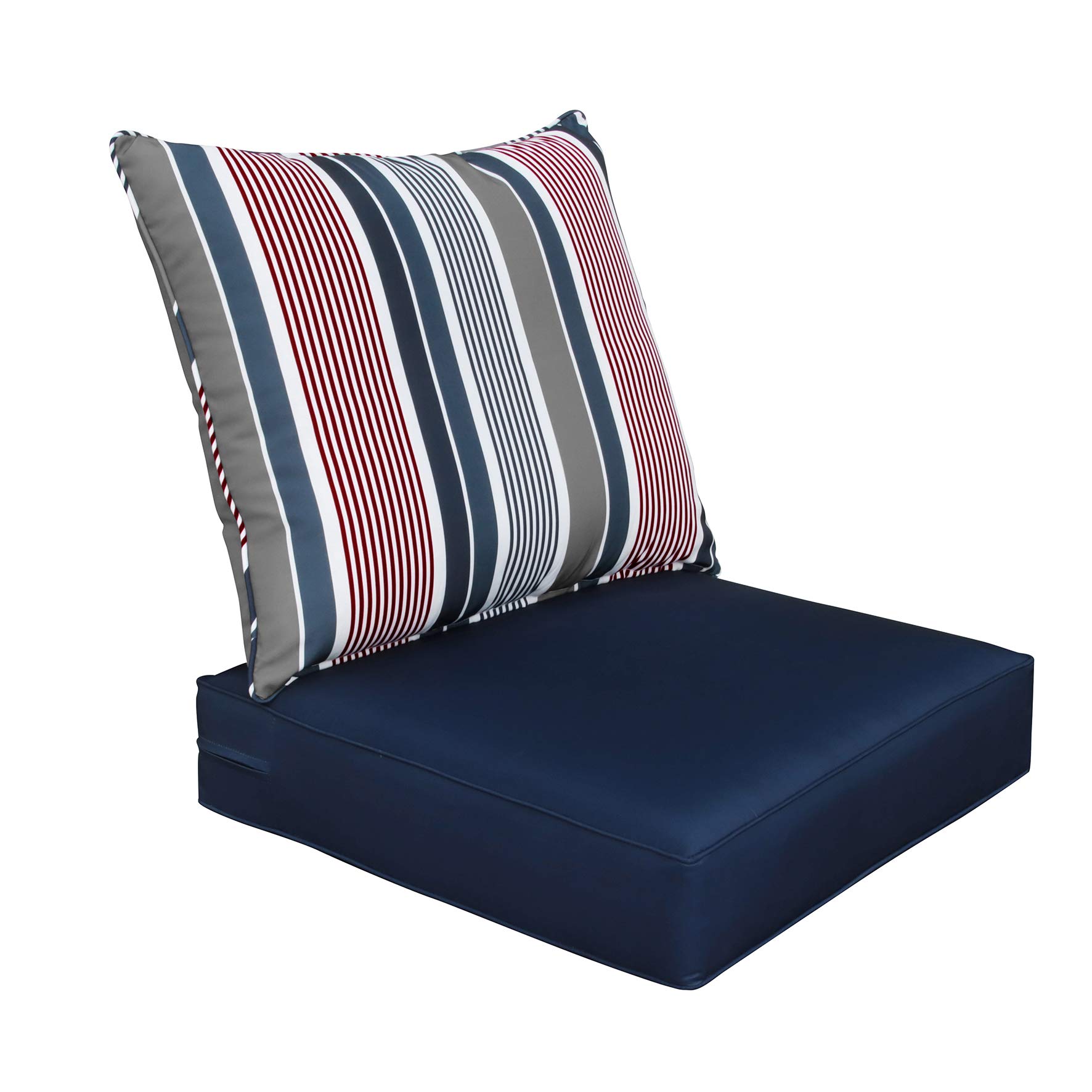 Bossima Indoor Outdoor Deep Seat Chair Cushion Set - Navy Grey White Red Stripe - Spring Summer Seasonal Replacement Cushions for Patio, Deck, Porch, and Living Room Furniture
