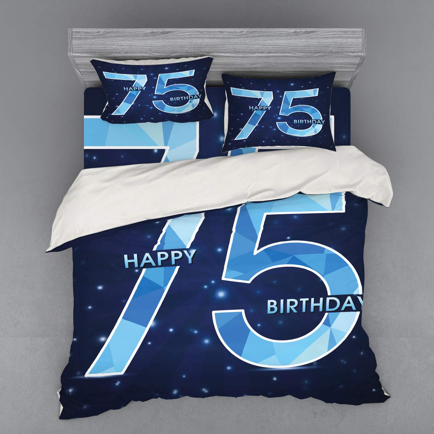 Ambesonne 75th Birthday Bedding Set - King Size 4-Piece Duvet Cover with Shams & Fitted Sheet - Geometric Abstract Blue Star Design - Dark & Pale Blue - Perfect for Anniversary Celebrations & Guest Room Decor