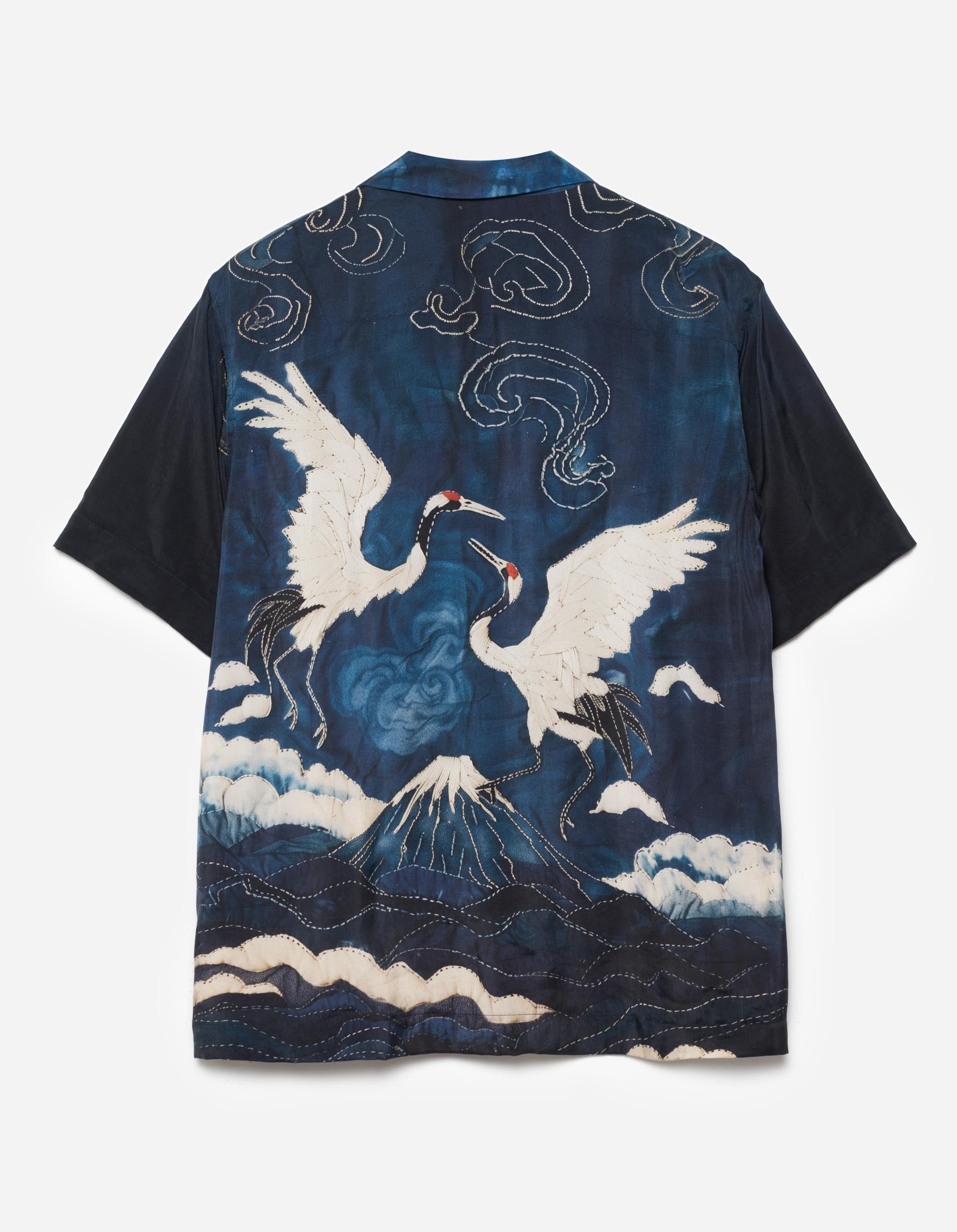 6230 Boro Crane Camp Collar Shirt in Indigo - Vintage Japanese Style Casual Summer Shirt for Men, Perfect for Beach Outings and Streetwear Fashion