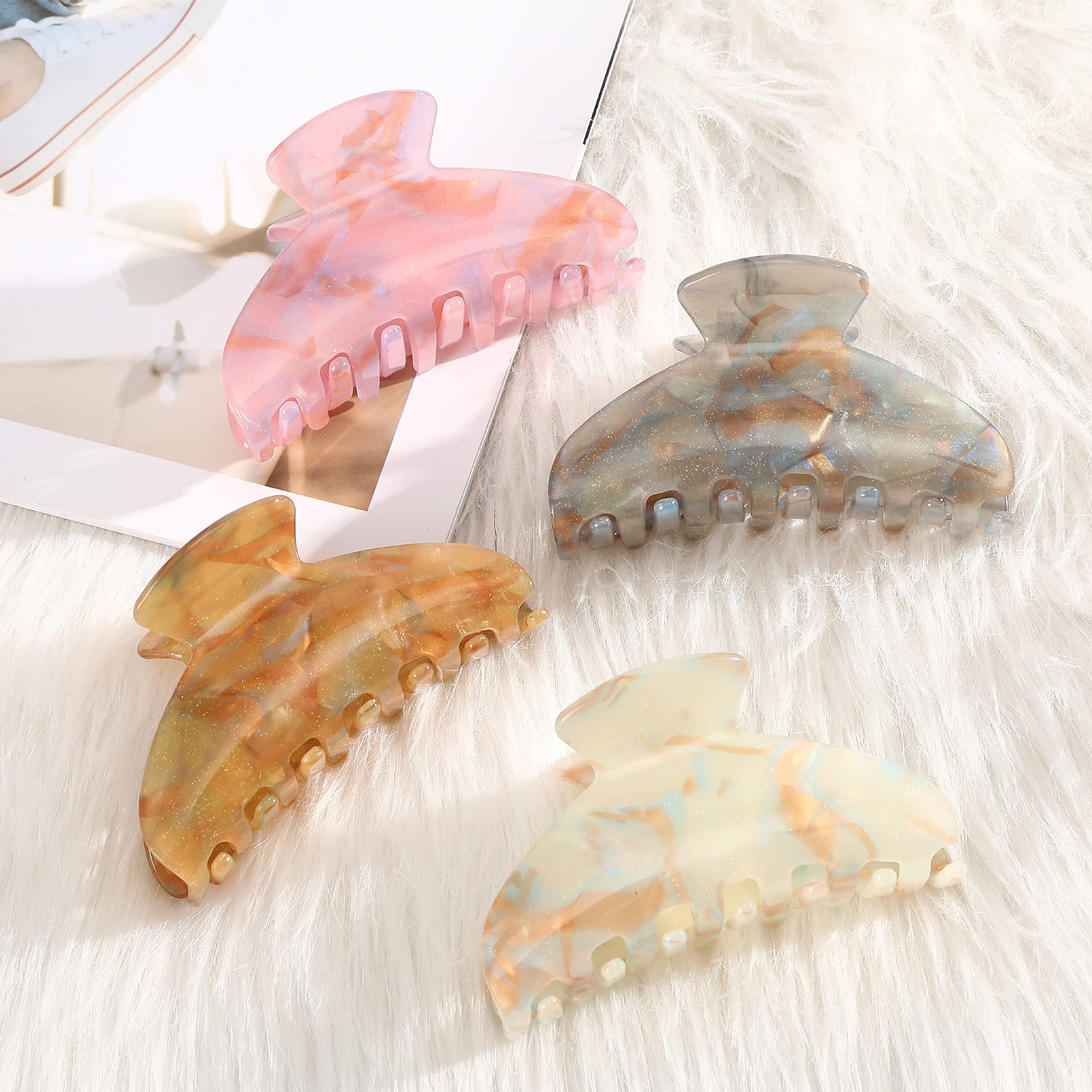 4Pcs Large Acrylic Hair Claw Clips for Women - Strong Hold Hair Barrettes for Thick Hair (Gray/Champagne/Green/Pink) | Perfect for Updos, Ponytails & Everyday Hairstyles