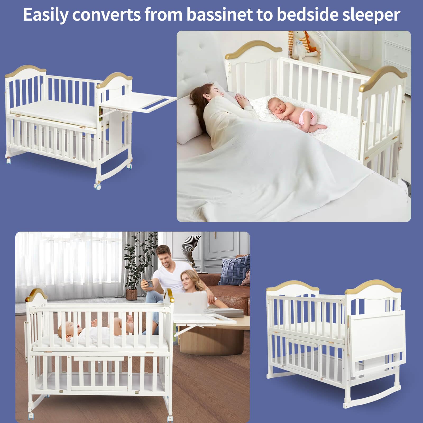 Portable Mini Baby Crib - 4-in-1 Convertible Modern Baby Bed with Foldable Storage Shelf & Mattress Included, Small Wooden Bassinet for Nursery, Bedroom & Travel, White - Perfect for Newborns, Toddlers & Space-Saving Homes