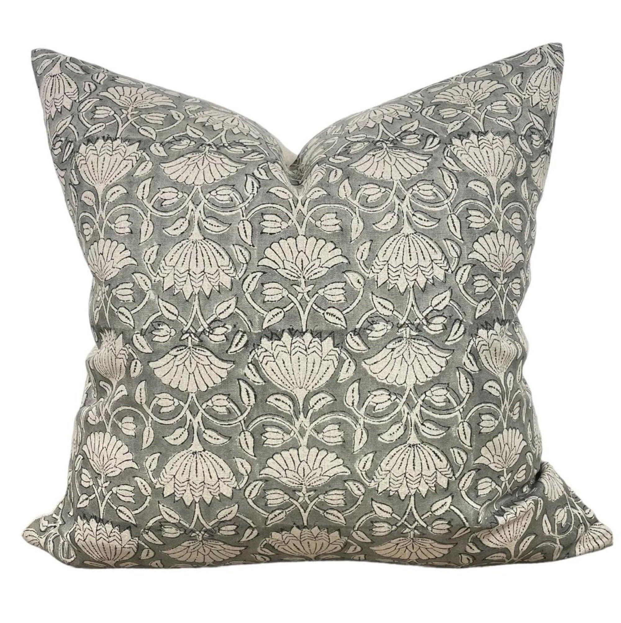 READY TO SHIP Designer Laguna Block Print Pillow Cover - Gray and Cream Cotton Pillow Case for Sofa, Bed & Home Decor