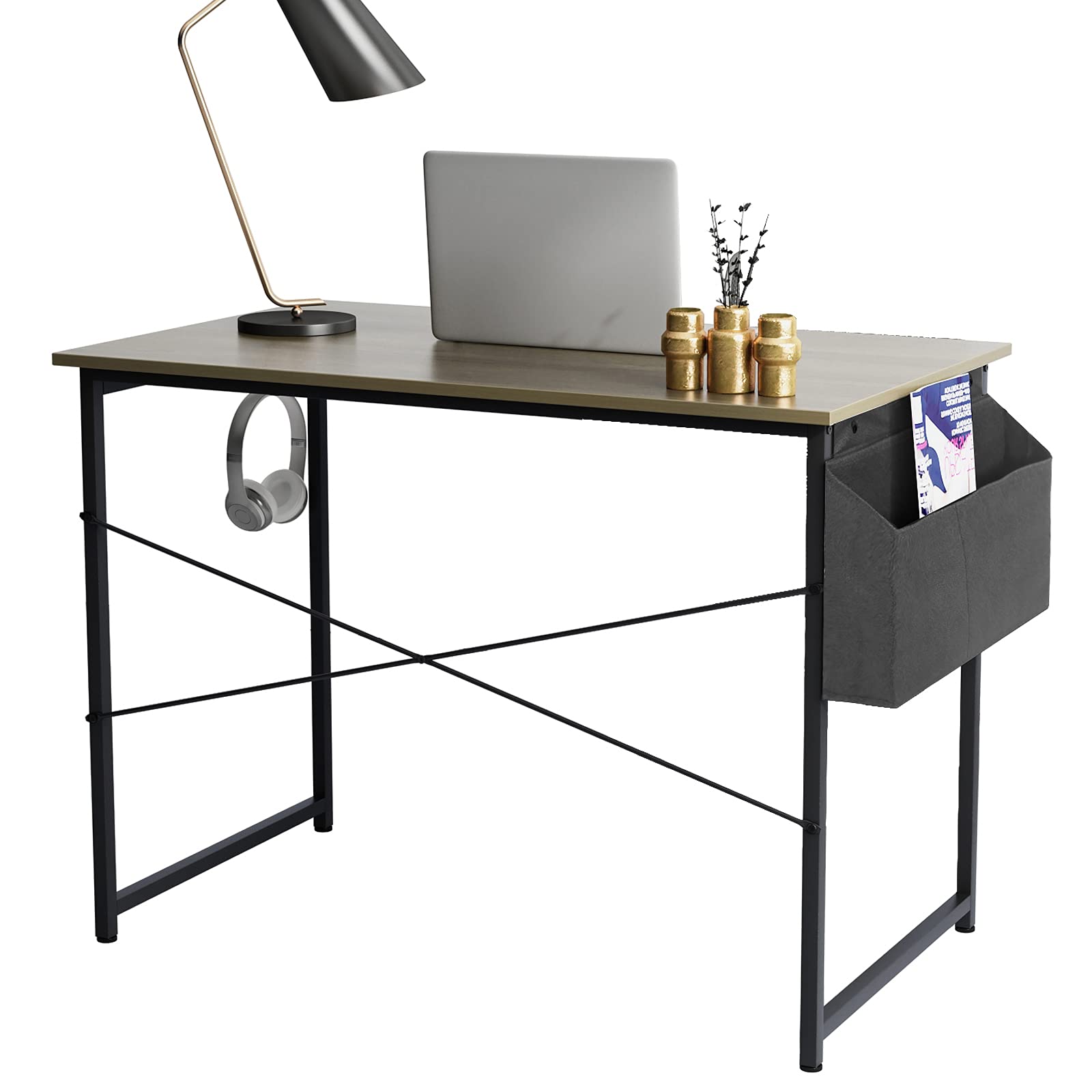 Soges 39.4 Inch Home Office Computer Desk with Storage Bag & Headphone Hook - Simple Style Writing Study Desk, Laptop Workstation for Small Spaces, Brown - Perfect for Home Office, Gaming Setup & Remote Work