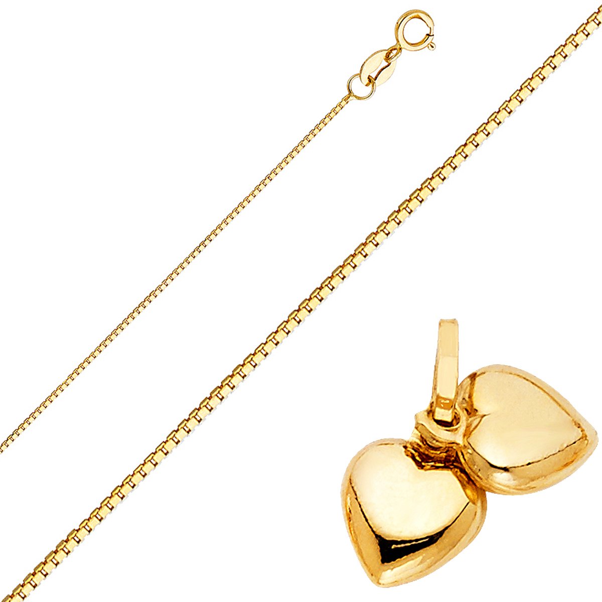 14K Solid Gold Double Heart Pendant Necklace for Women - Elegant Box Chain with Heart Charm - Perfect for Anniversary, Valentine's Day & Romantic Gifts