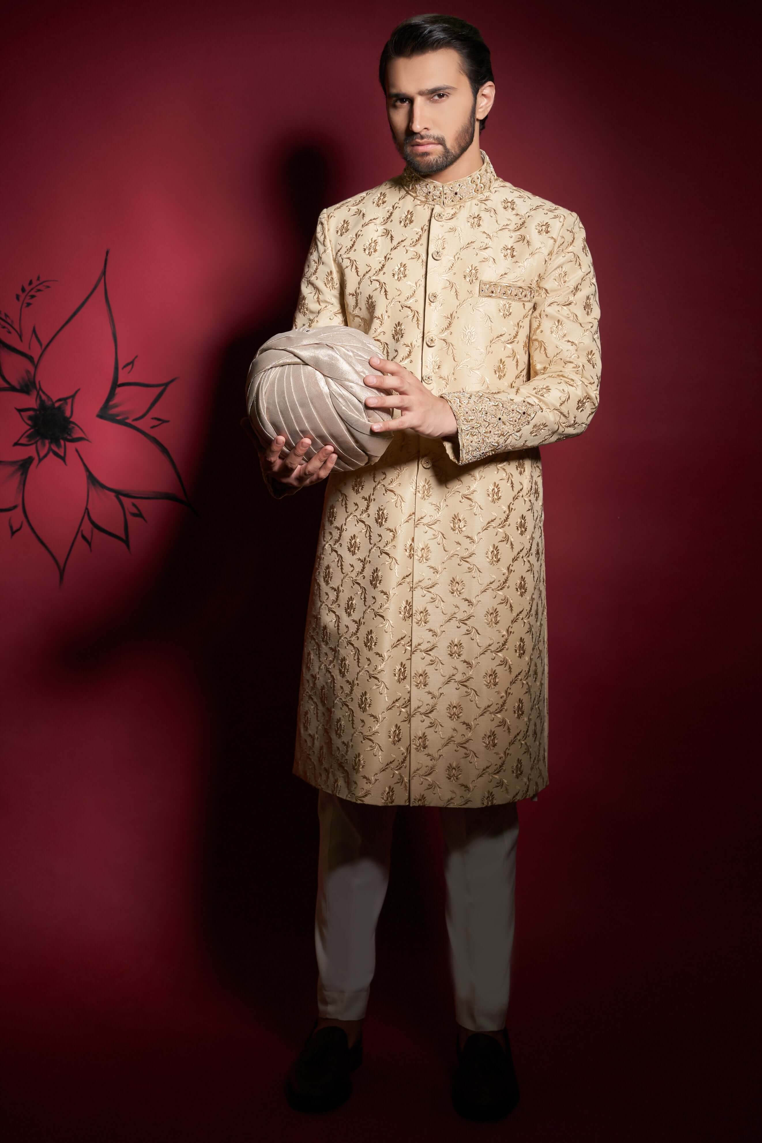 Elegant Light Gold Embroidered Sherwani Set for Men | Traditional Indian Wedding Attire | Perfect for Grooms, Festivals & Special Occasions