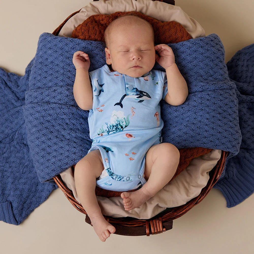 Organic Cotton Short Sleeve Baby Bodysuit - Blue Ocean - Soft & Comfortable Onesie for Newborns & Infants - Perfect for Playtime, Daycare & Family Outings