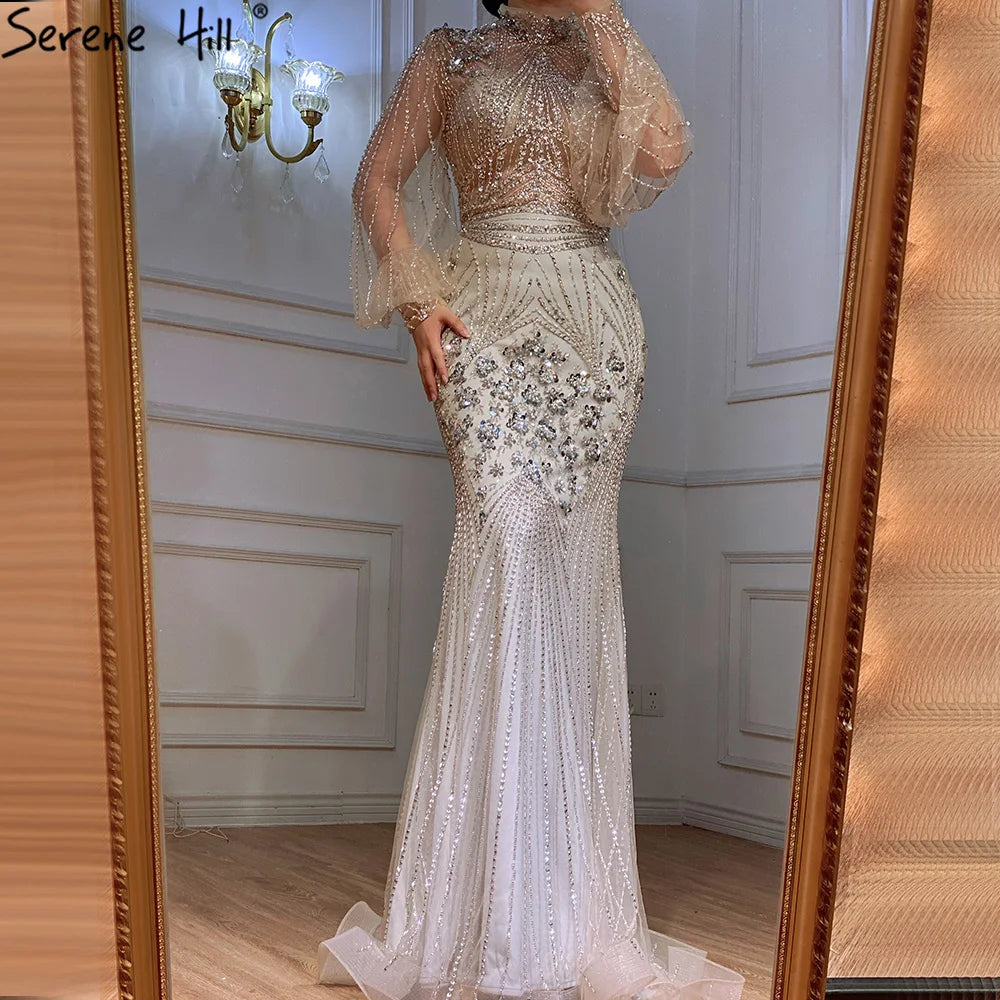 Elegant Lilac Beaded Mermaid Evening Gown with Feather Trim - LA70830 | Perfect for Prom, Gala & Formal Events