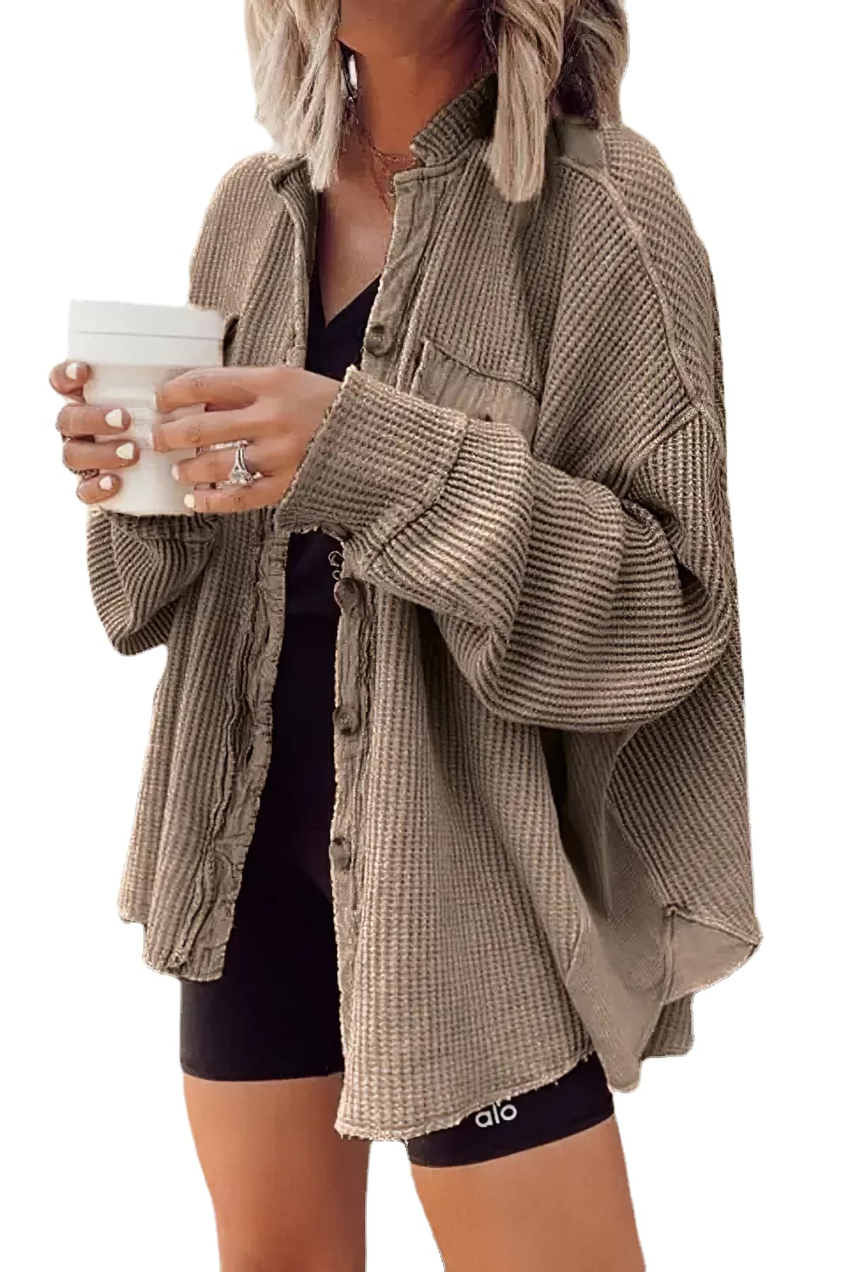 Women's Loose Long Sleeve Waffle Knit Button Down Shirt - Casual Fall Shacket for Women - Perfect for Layering, Office Wear & Autumn Outfits