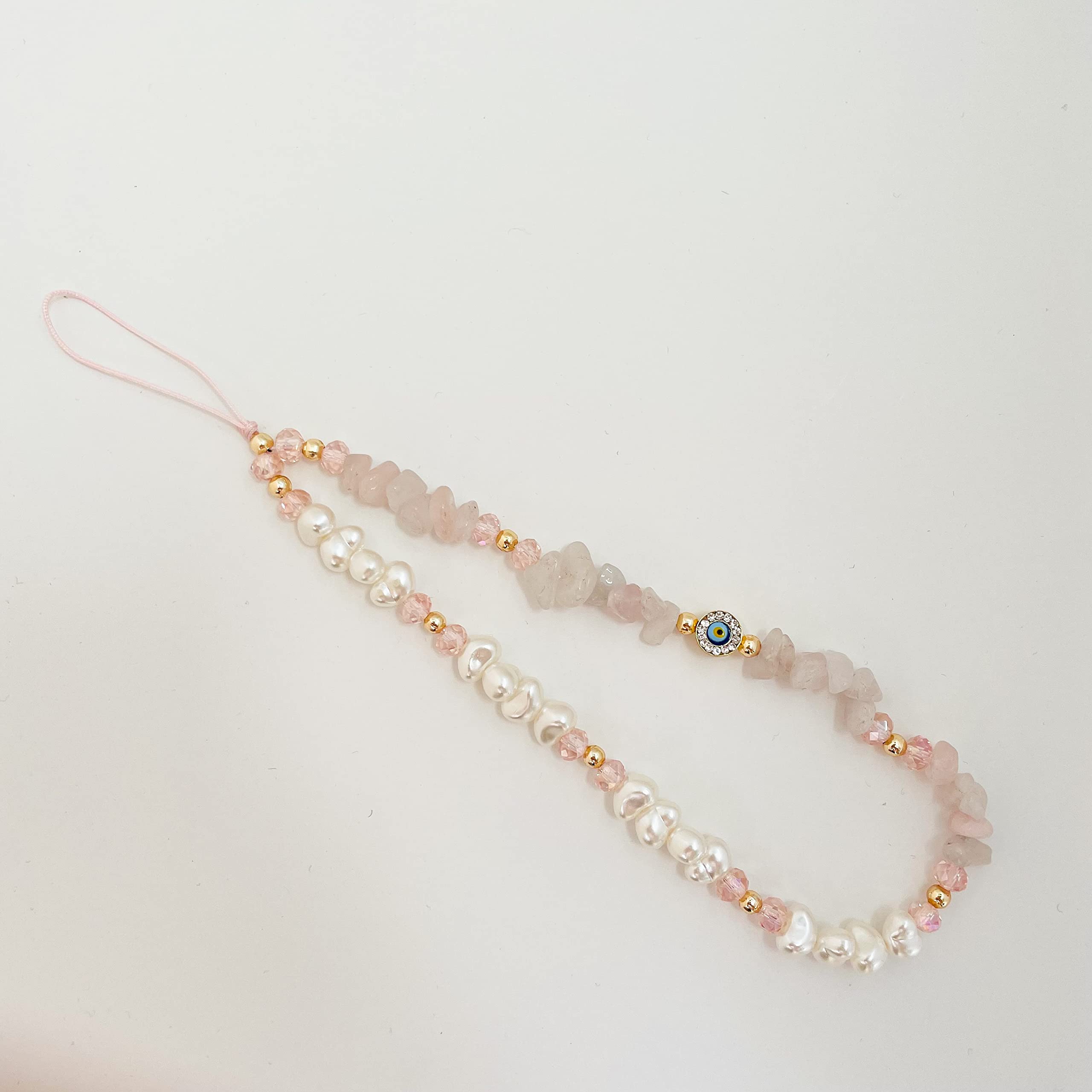 Evil Eye Beaded Phone Charm with Rose Quartz Gemstone - Y2K Pearl Beaded Phone Strap, Handmade Phone Jewelry for Women & Girls - Perfect for Phone Protection, Stylish Accessory & Gift Idea
