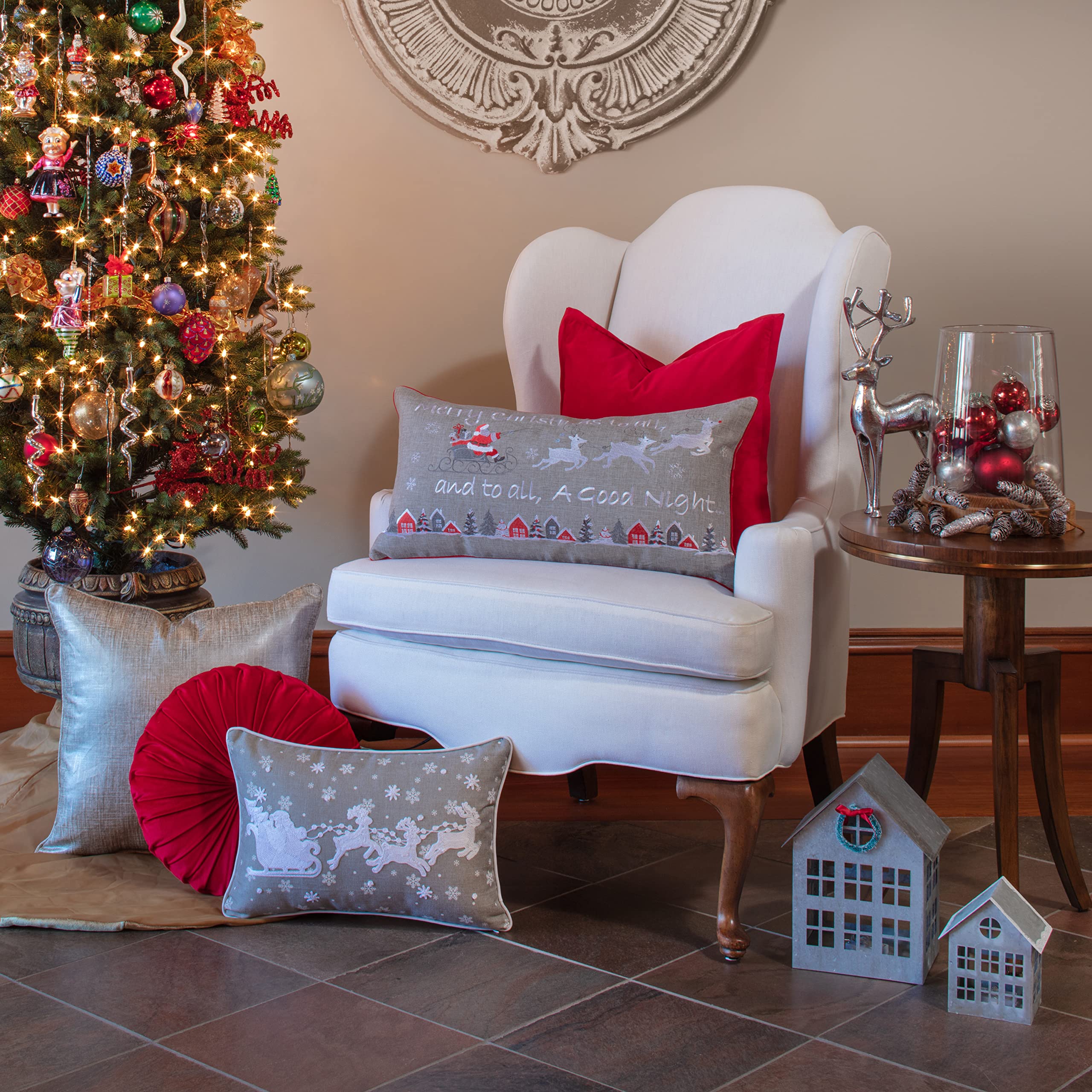 Pillow Perfect Gray Santa Sleigh & Reindeers Lumbar Pillow Cover 13x19 Inch - Holiday Home Decor for Sofa, Bed, Christmas Decoration
