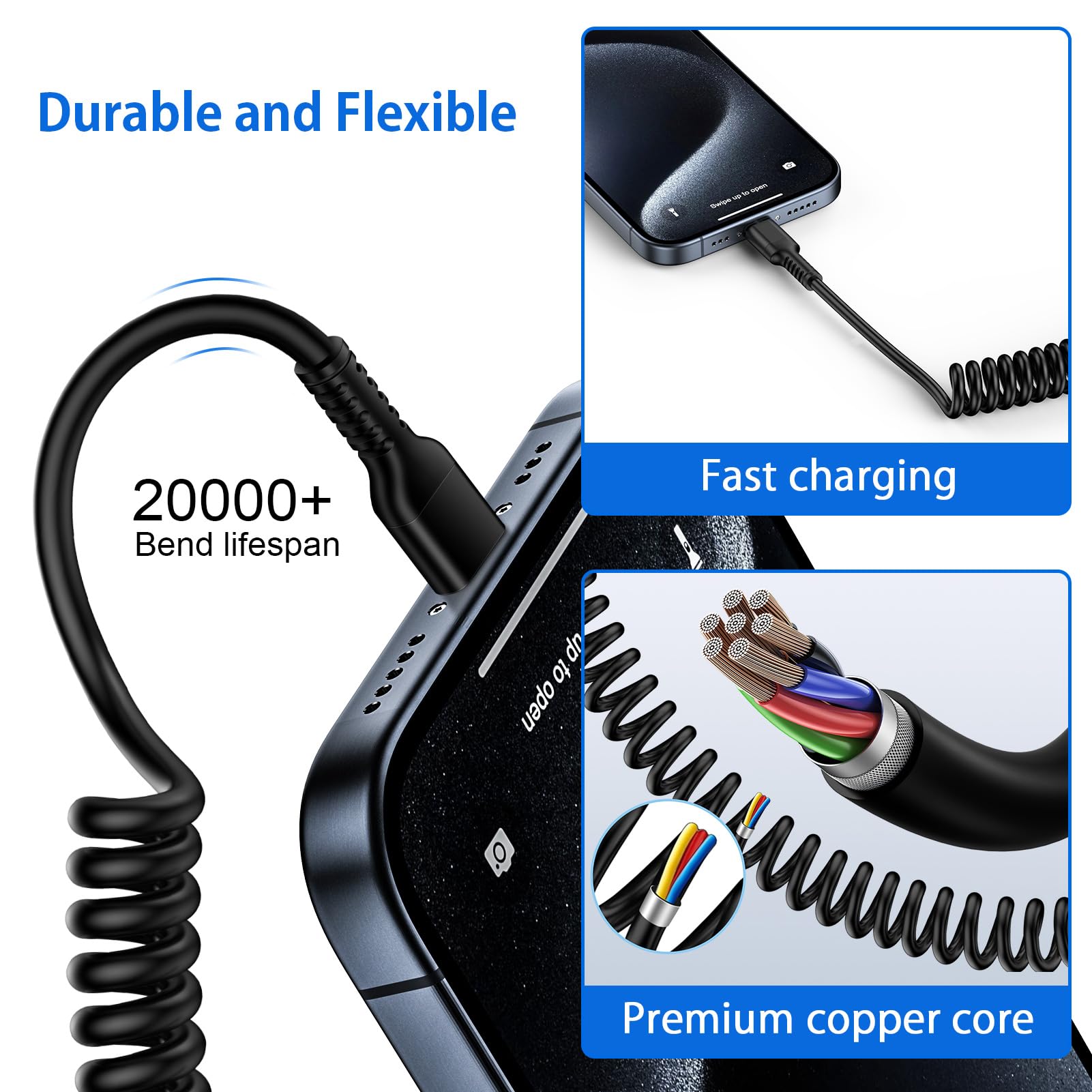 MFi Certified Coiled USB C to Lightning Cable - 3ft Short Retractable iPhone Car Charger for Apple CarPlay, Fast Charging & Data Sync Compatible with iPhone 14/13/12/11, iPad & iPod (Perfect for Cars, Travel & Home Use)