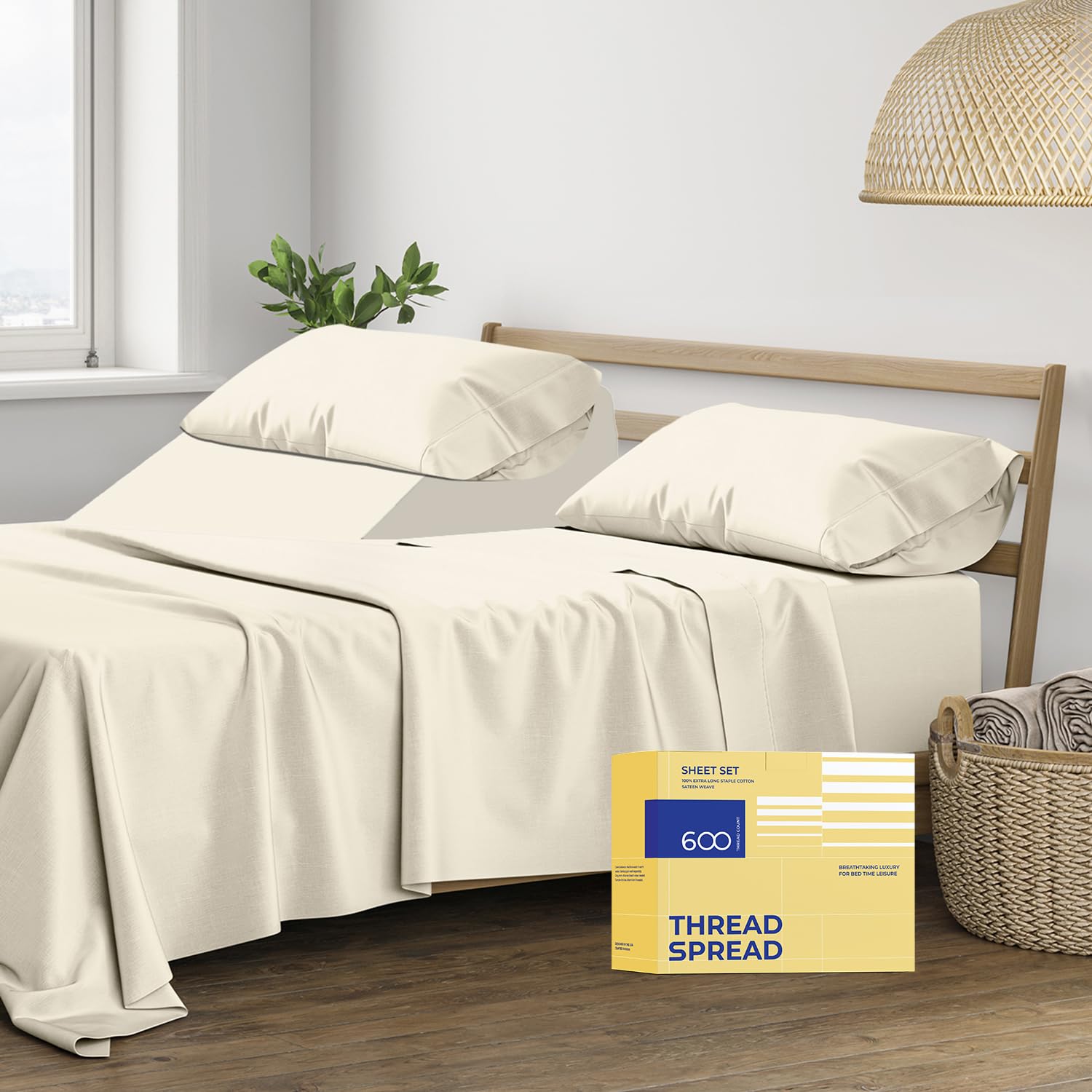 Premium 600 Thread Count 100% Egyptian Cotton Split King Sheet Set - 5 Piece Cooling Bed Sheets with 16