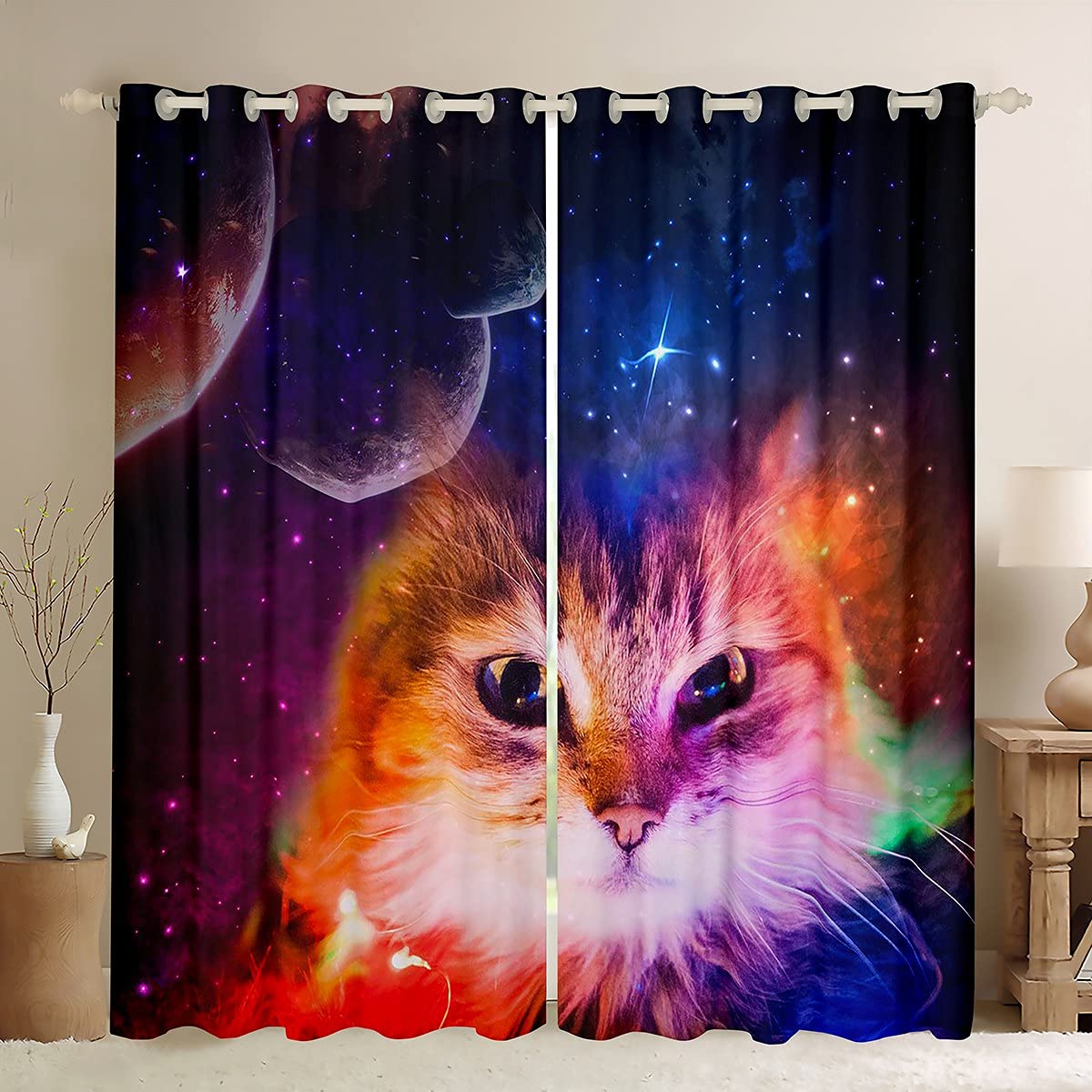 Space Cat Galaxy Window Curtains - Starry Sky Universe Planets Design for Kids Bedroom, Boys & Girls Room Decor - Orange Blue Purple Pet Animal Themed Drapes 52W x 63L - Perfect for Nursery, Playroom & Cat Lover's Home Decor