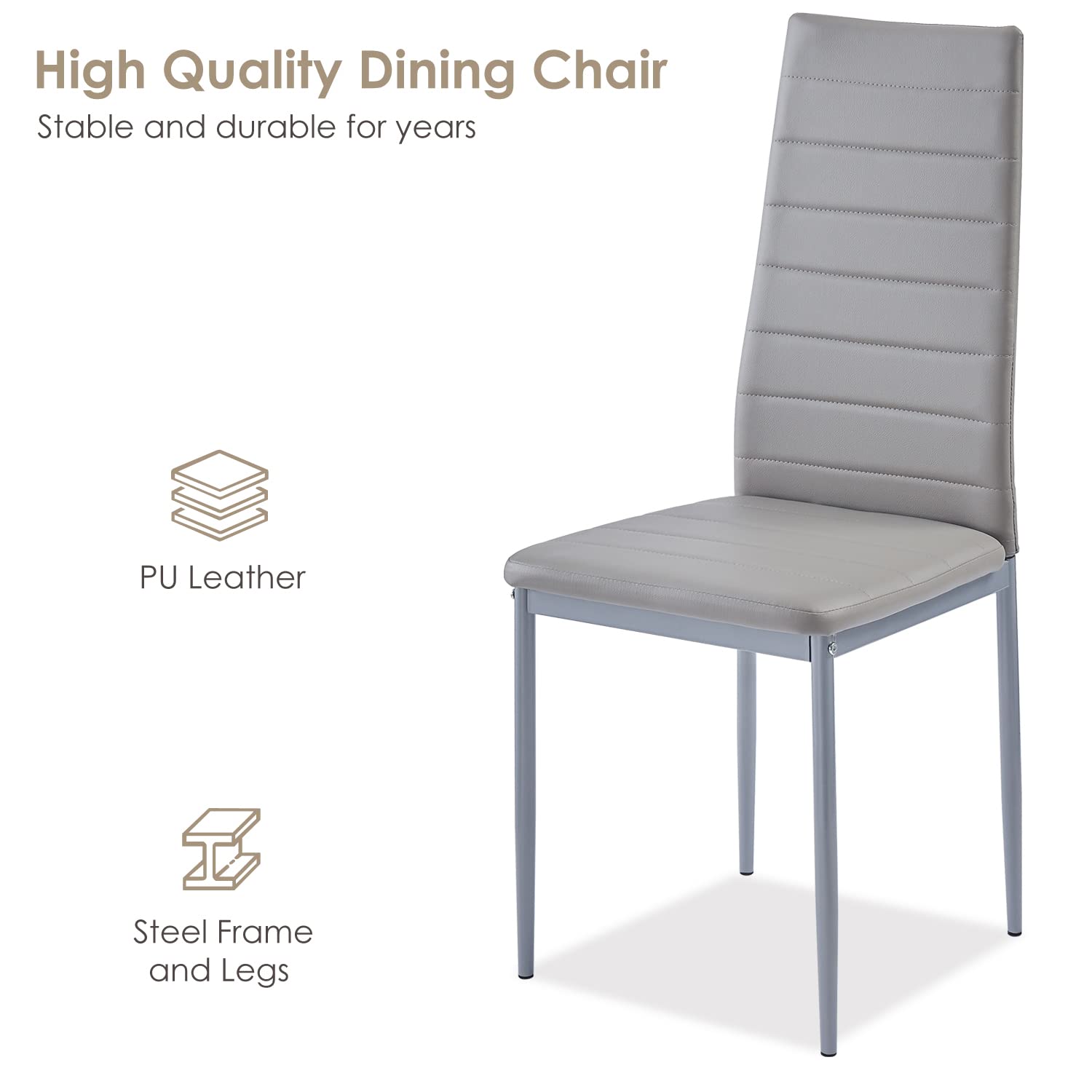 Gray Dining Chairs Set of 4 - Modern Upholstered PU Leather Side Chairs with Metal Legs for Kitchen & Dining Room | Washable & Durable | Perfect for Family Meals, Dinner Parties & Small Spaces