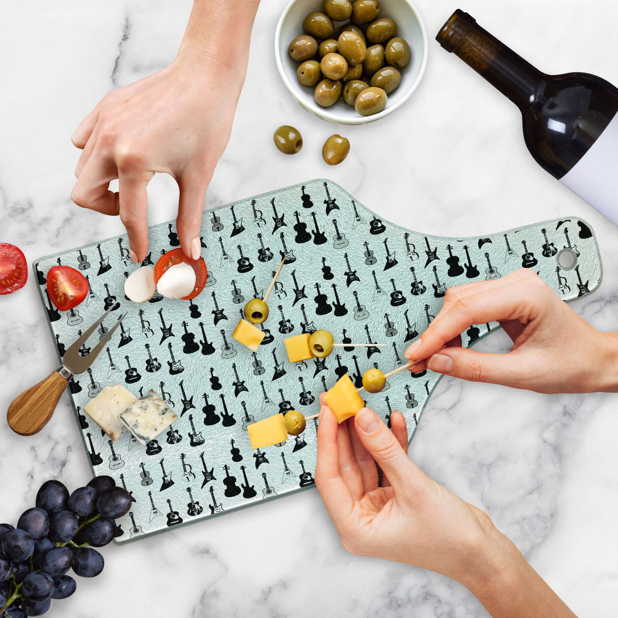 Ambesonne Music Themed Cutting Board - Monochrome Guitar, Cello, Violin Design - Tempered Glass Serving Board for Kitchen & Entertaining - Wine Bottle Shape in Black, White & Grey - Perfect for Musicians & Music Lovers as Decorative Kitchen Gift