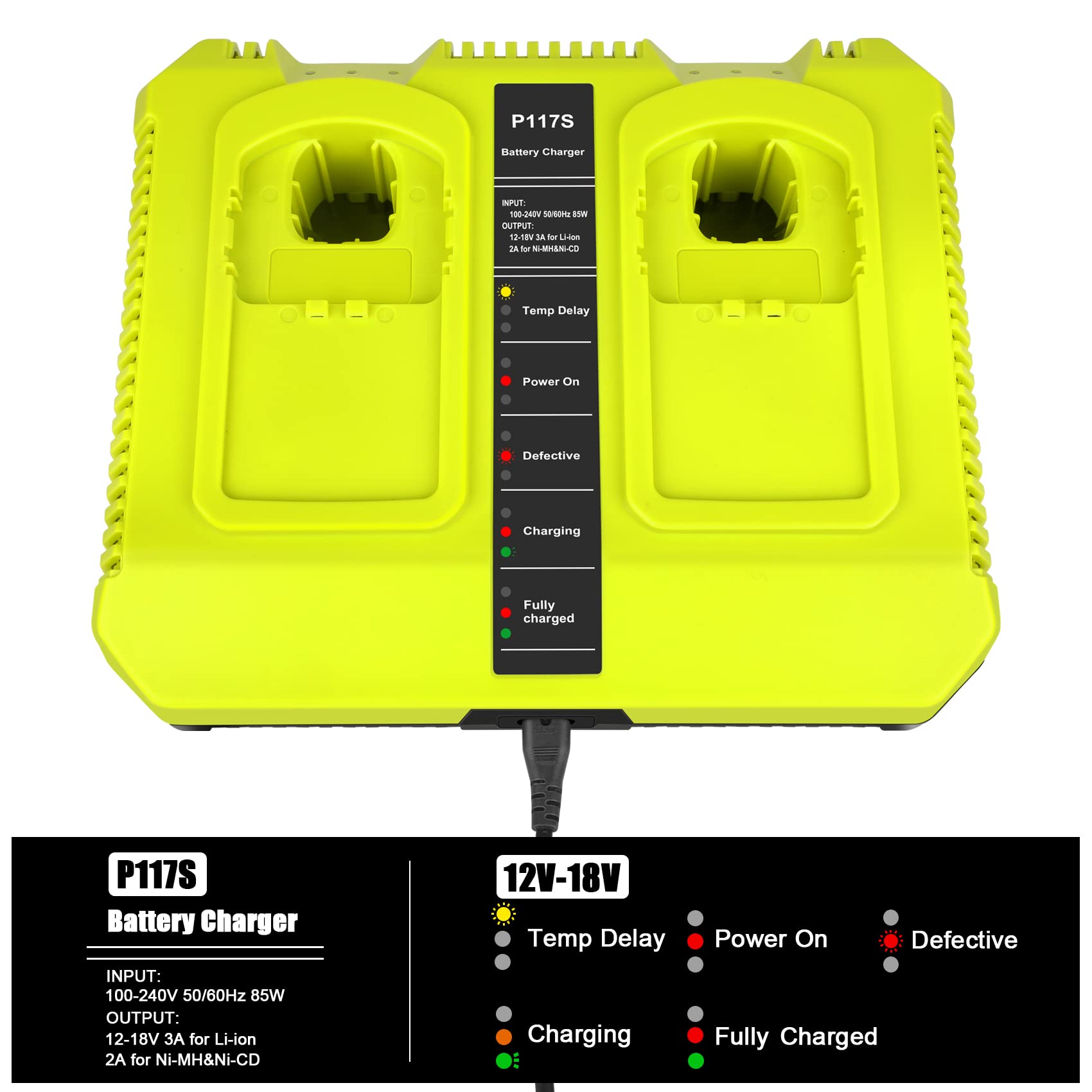 18V Fast Charger for Ryobi One+ 18V Batteries - P117 Dual Slot Charger Compatible with P102 P108 P100 P103 P105 P107 P189 P197 P190 PBP005 - Ideal for Power Tools, Drills, and Outdoor Equipment
