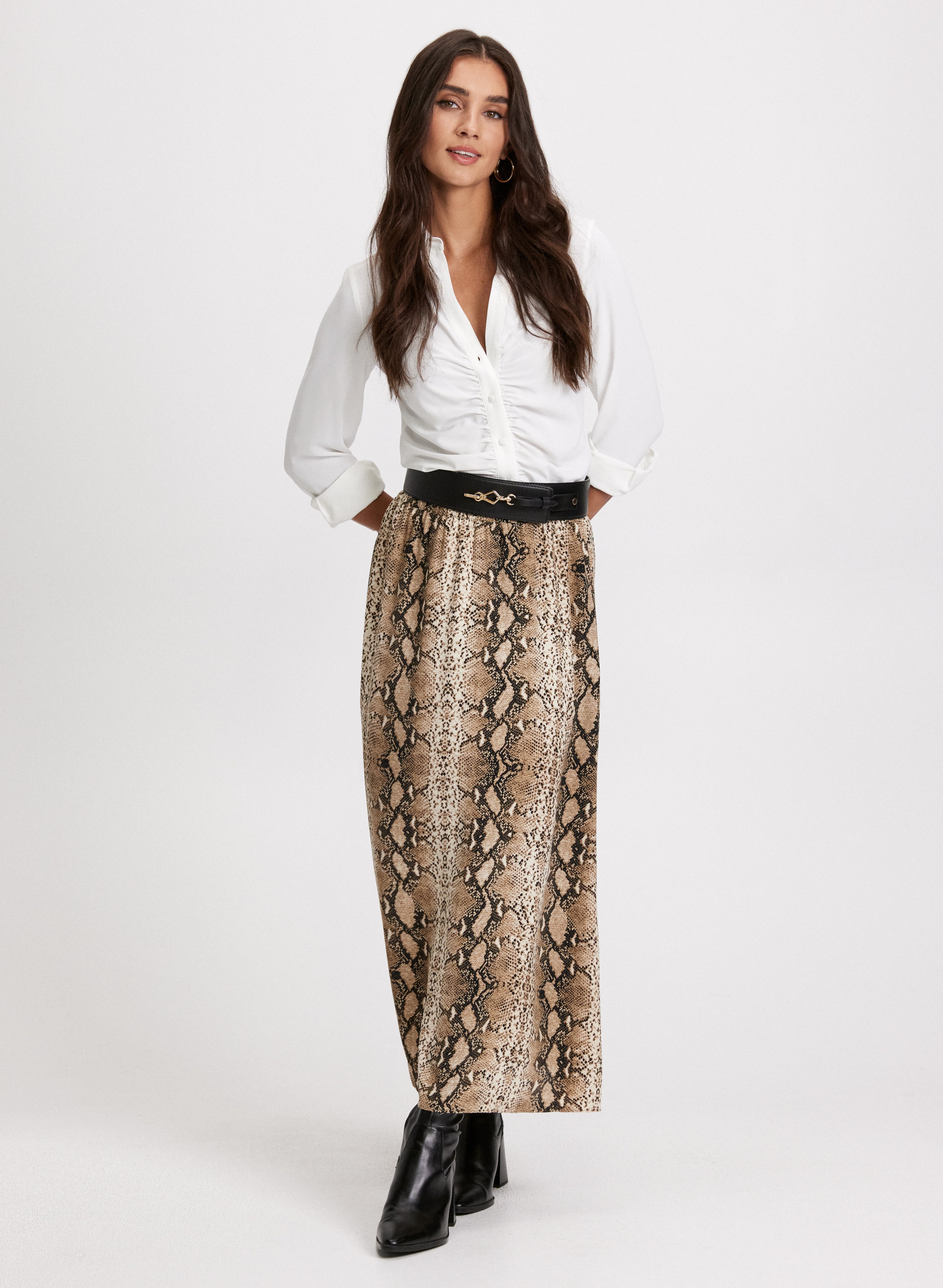 Women's Stylish Button Down Blouse & Snake Print Maxi Skirt Set - Elegant Office Wear & Casual Outfit for Work, Date Night, and Special Occasions