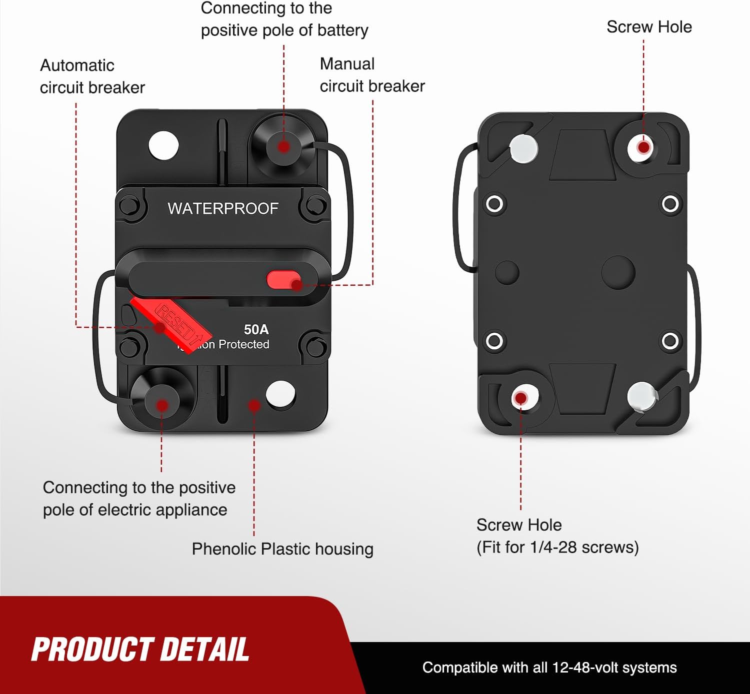 50A Resettable Circuit Breaker 12V-48V DC, Manual Reset with Copper Wire Lugs, Surface Mount Overload Protection for RV, Marine, Solar Panel & Automotive Electrical Systems