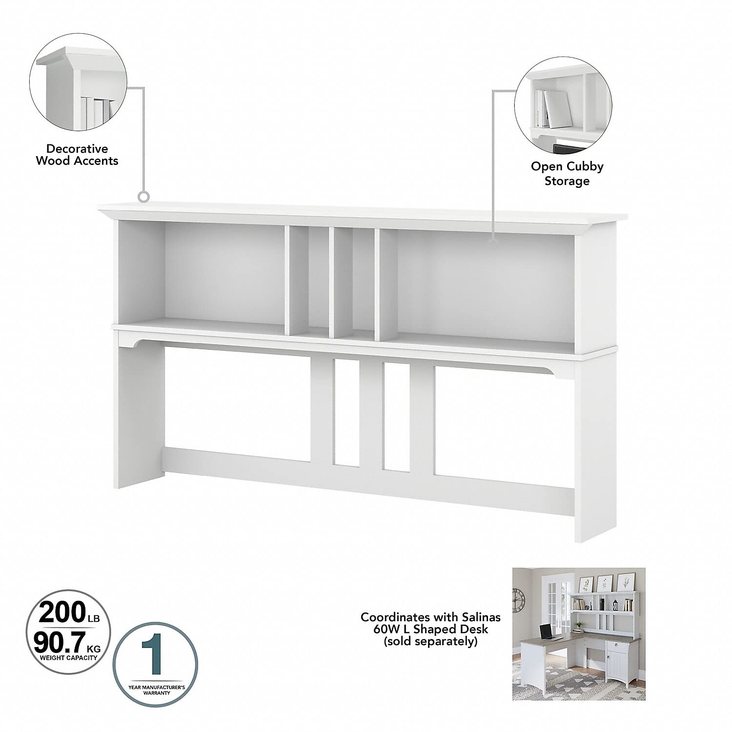 Bush Furniture Salinas L-Shaped Desk with Hutch - Home Office Computer Workstation with Storage Drawers & Cabinets in Pure White/Shiplap Gray | Study Table for Small Spaces | Perfect for Remote Work, Gaming Setup & Student Dorm Rooms
