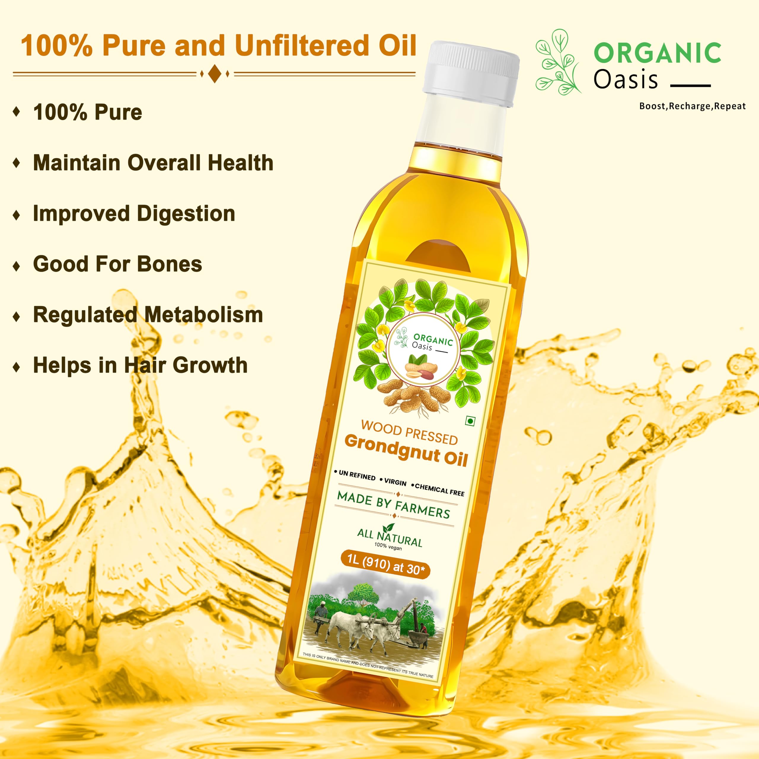 Organic Oasis Cold Pressed Peanut Oil - 100% Pure, Unrefined, Virgin Groundnut Oil | Kacchi Ghani Wood Pressed | 33oz Bottle | Perfect for Salad Dressings, Stir-Fries & Healthy Cooking