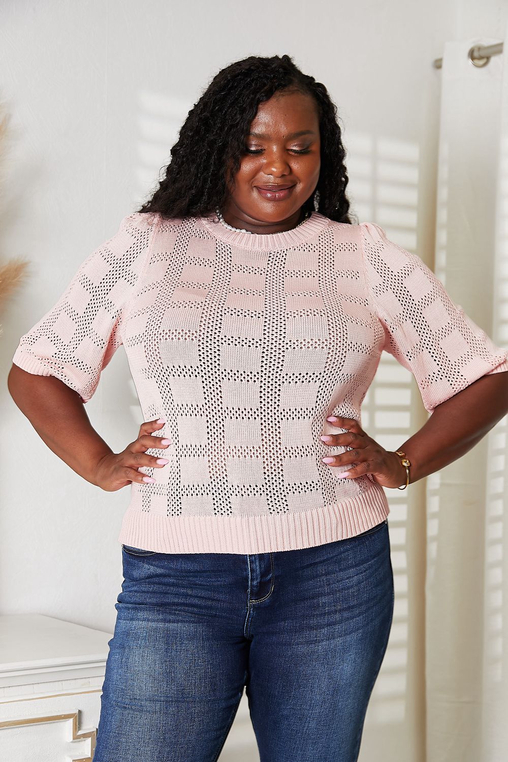 Stylish Ribbed Trim Round Neck Knit Top for Women - Soft Stretch Casual T-Shirt | Perfect for Layering, Everyday Wear & Office Outfits