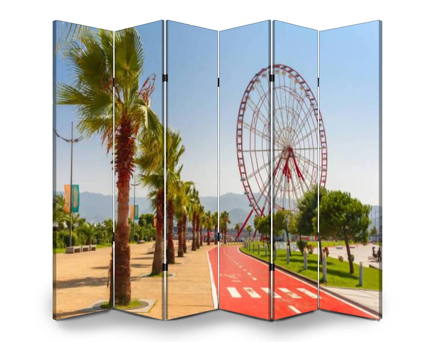 6-Panel Folding Room Divider Screen - Freestanding Privacy Partition for Indoor/Outdoor Use | Decorative Ferris Wheel Design from Batumi Seafront Promenade, Georgia | Perfect for Home Office, Bedroom Separation, and Event Spaces