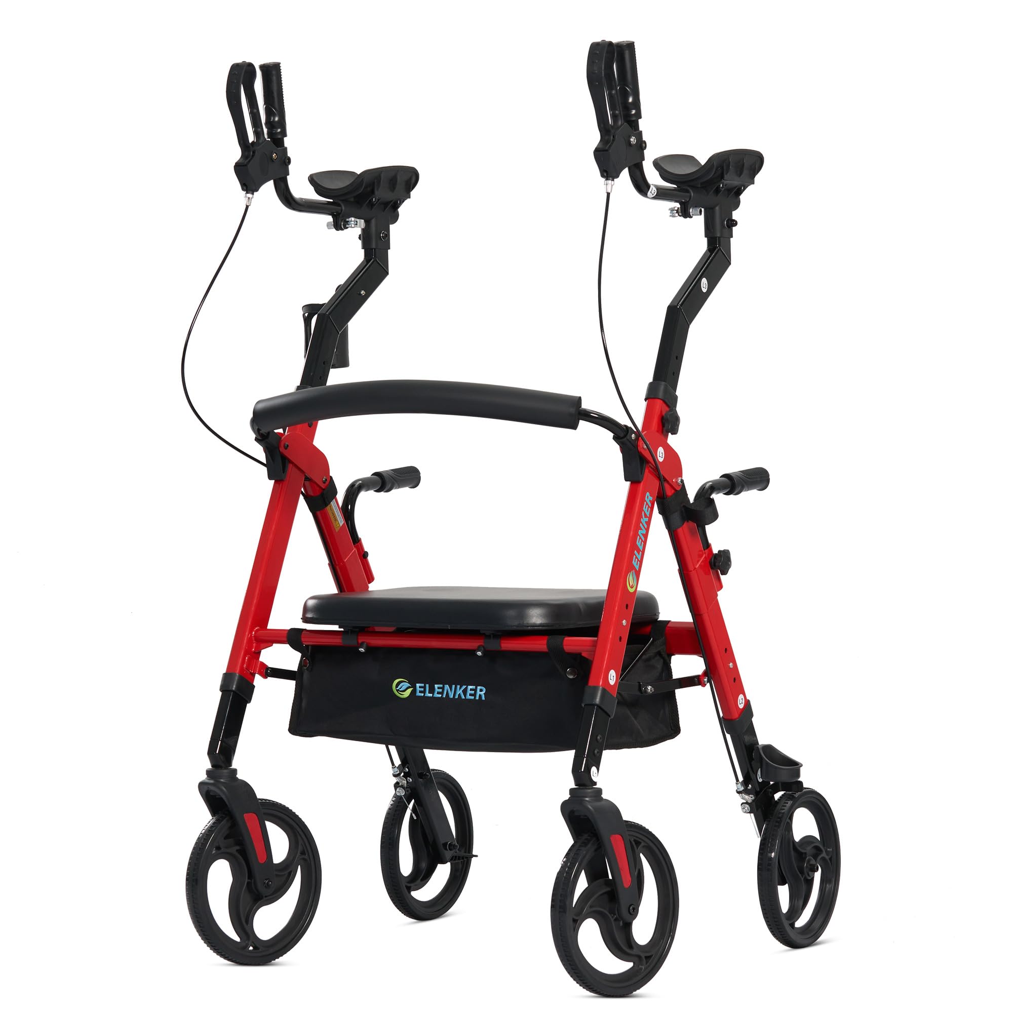 ELENKER Heavy Duty Upright Walker with Extra Wide Padded Seat & Backrest - Bariatric Aluminum Rolling Walker with 10” Wheels & Adjustable Frame - Supports 500 lbs - Ideal for Seniors & Mobility Assistance (Red) - Perfect for Indoor/Outdoor Use, Rehabilitation & Daily Support