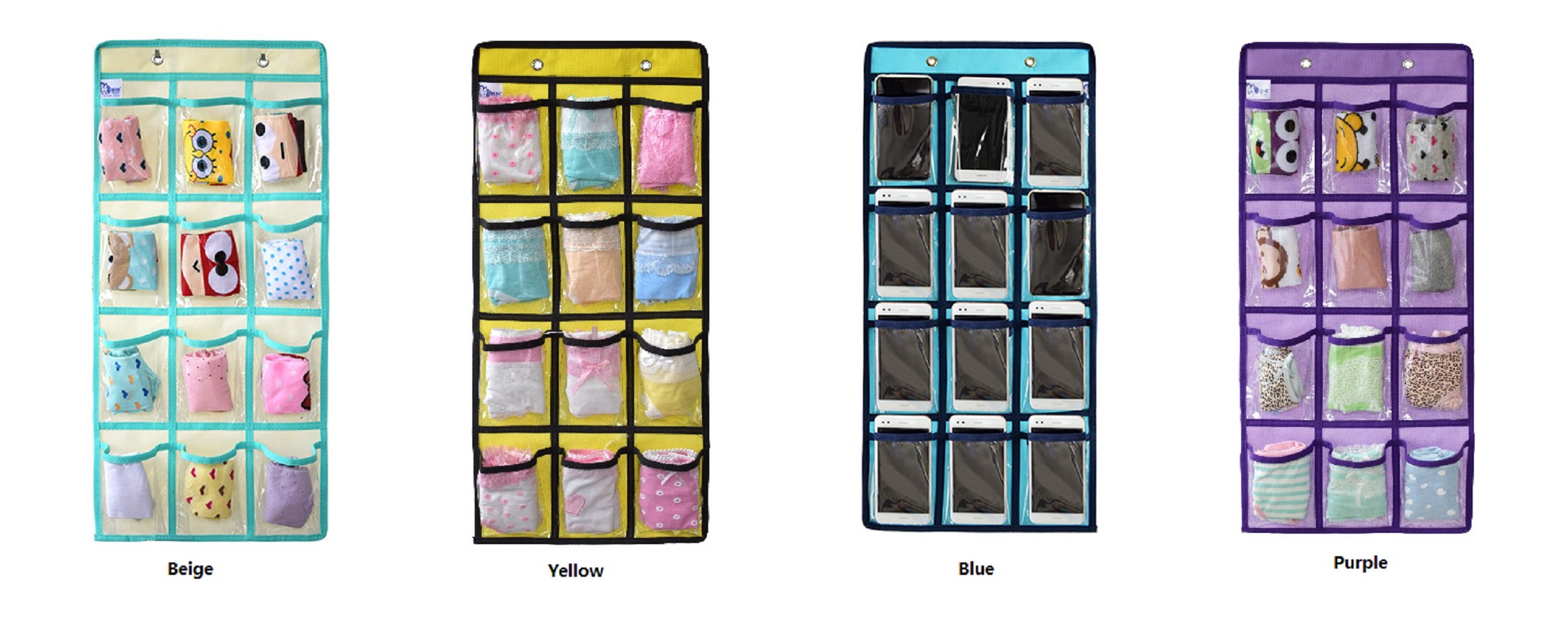 NIMES 12-Pocket Clear Over The Door Organizer for Underwear, Socks, Jewelry, Cell Phone & Calculator - Beige | Perfect for Closet, Classroom & Dorm Room Storage