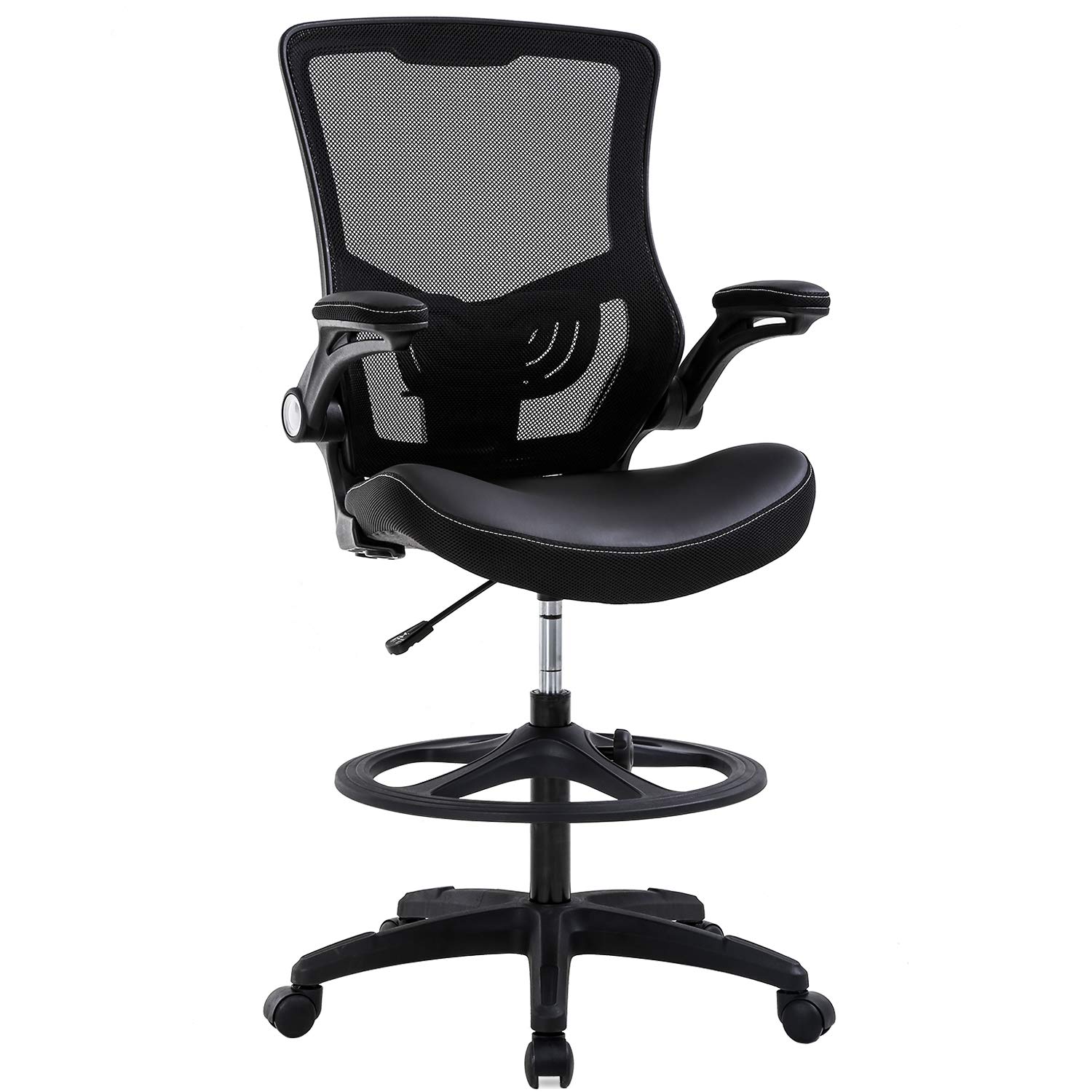 Ergonomic Drafting Chair with Flip-Up Arms, Foot Rest & Adjustable Height - Mesh Office Stool for Standing Desk - Black - Perfect for Architects, Artists & Home Office Workspaces