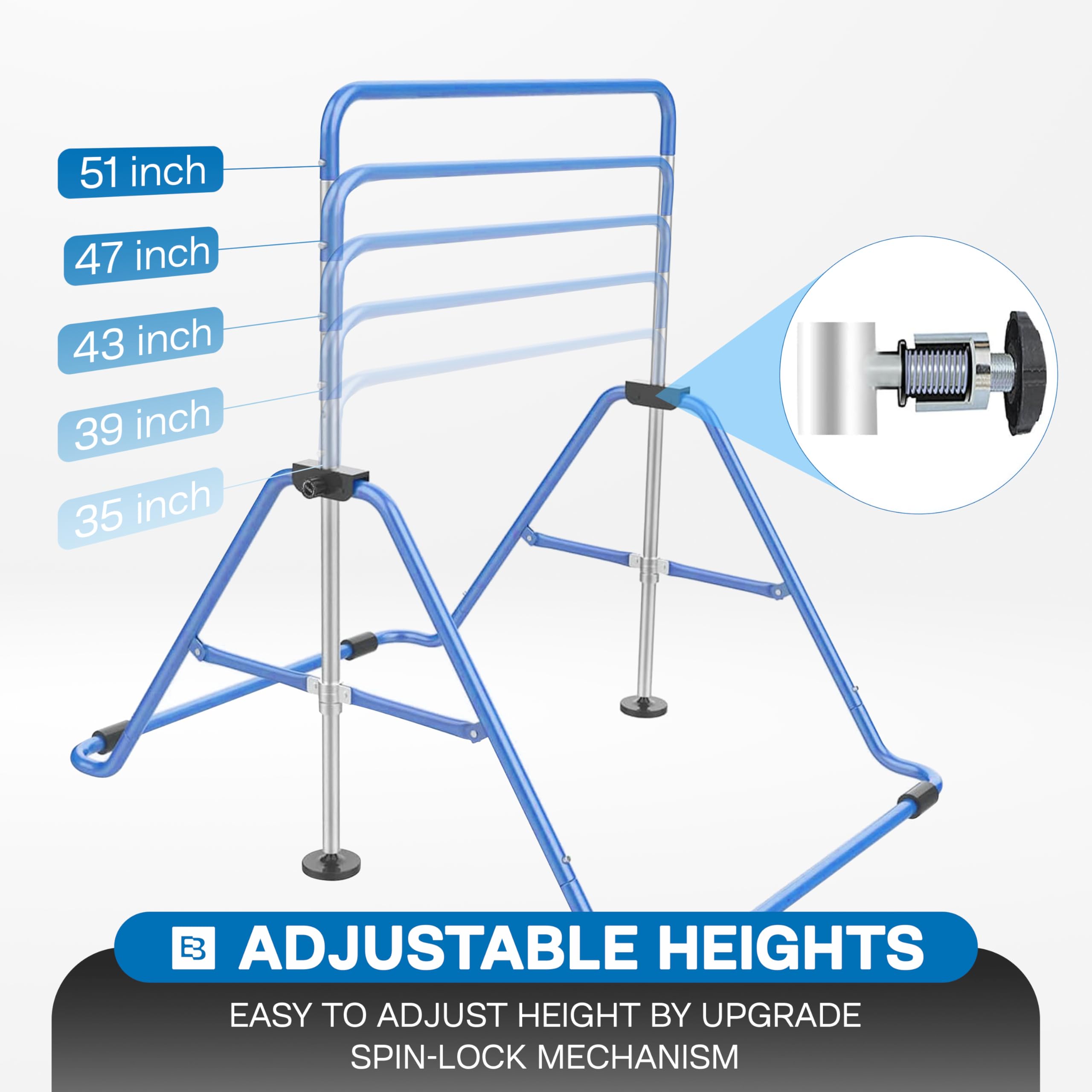 Premium Adjustable Gymnastics Bar for Kids Ages 6-14 | Heavy-Duty Steel Construction with Crystal Stone Finish | Foldable Home & Outdoor Horizontal Bar with Rings | Perfect for Backyard Training, Playground & Indoor Exercise