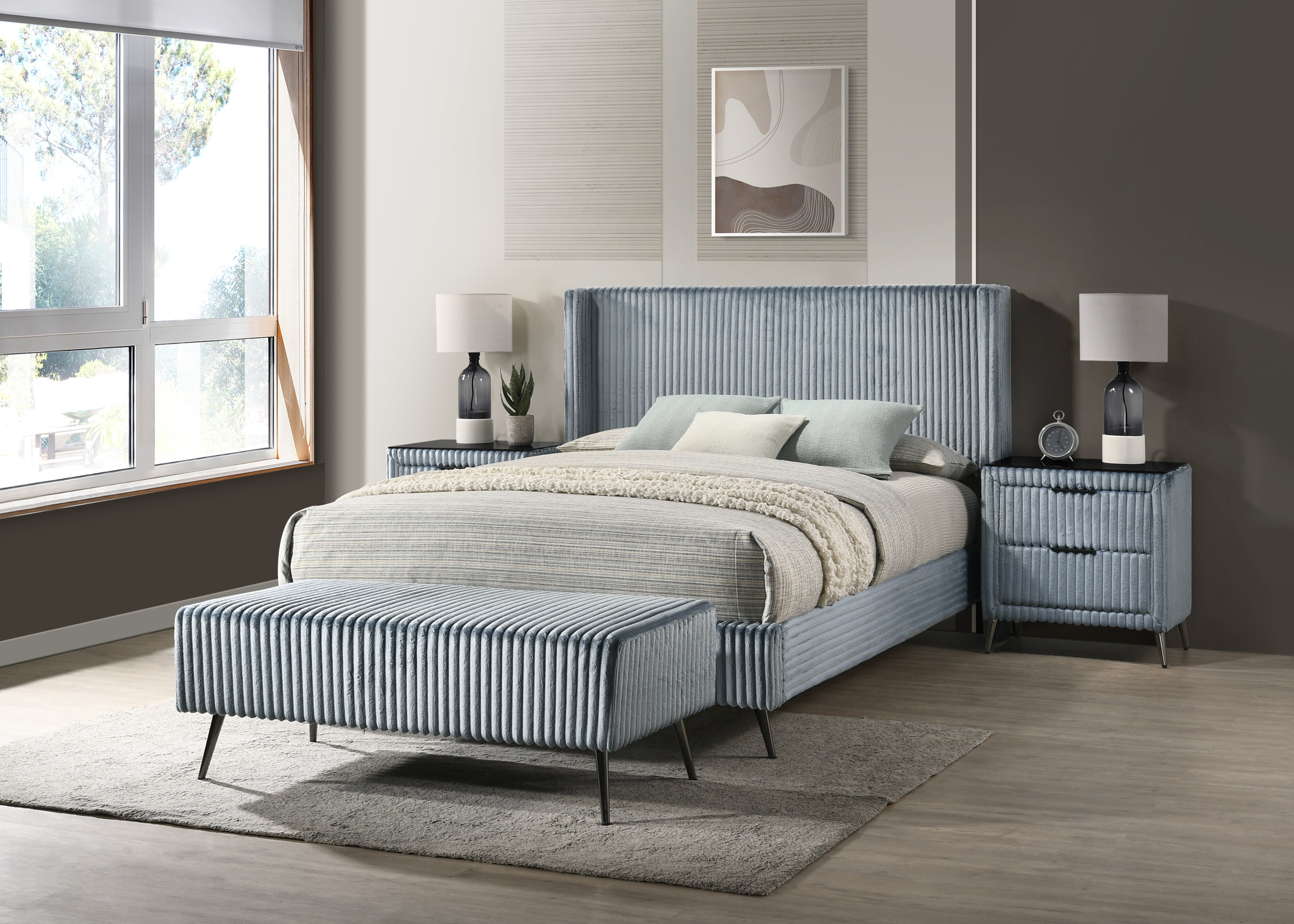 Roundhill Furniture Mavela Wide Wale Corduroy Upholstered Bedroom Set - Queen Size Bed Frame, Nightstand & Dresser - Cozy Modern Bedroom Furniture for Small Spaces & Guest Rooms
