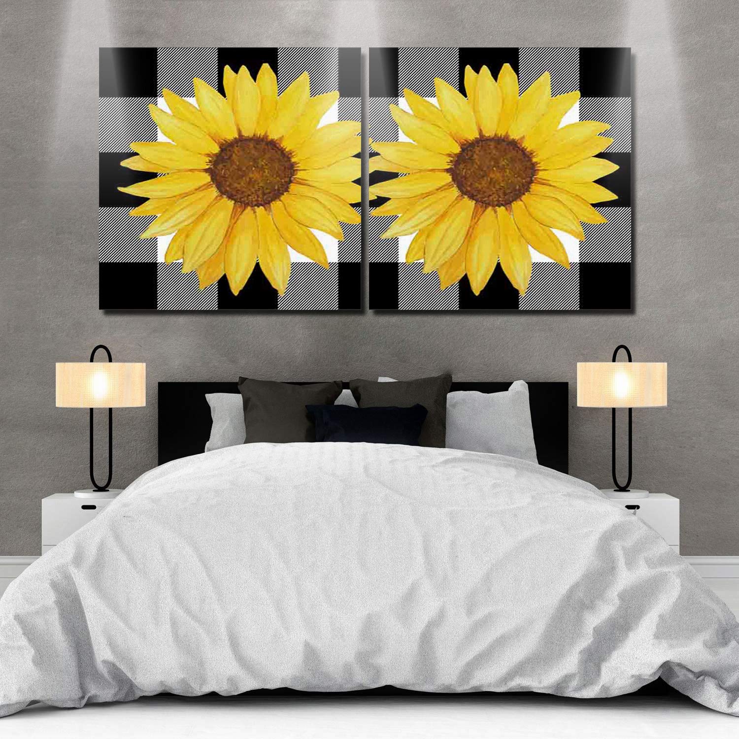 2-Piece Sunflower Canvas Wall Art Set - Autumn Plaid Farmhouse Decor for Living Room, Bedroom, Kitchen & Bathroom - Framed 16x16 Inch Panels - Perfect for Fall Home Decor & Cozy Interior Design