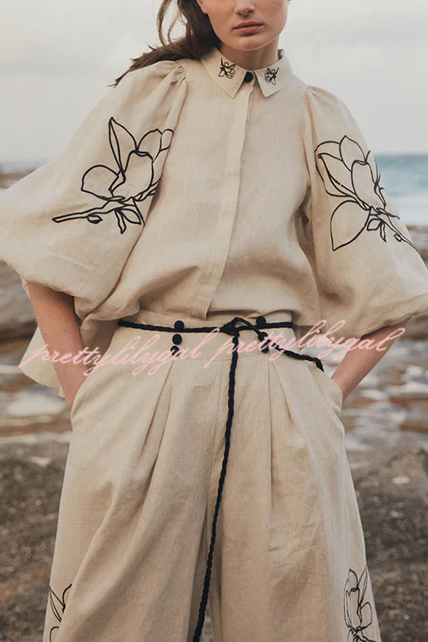 Lola Linen Blend Floral Print Balloon Sleeve Trapeze Style Loose Shirt for Women | Casual Summer Tops | Perfect for Beach, Vacation & Boho Outfits