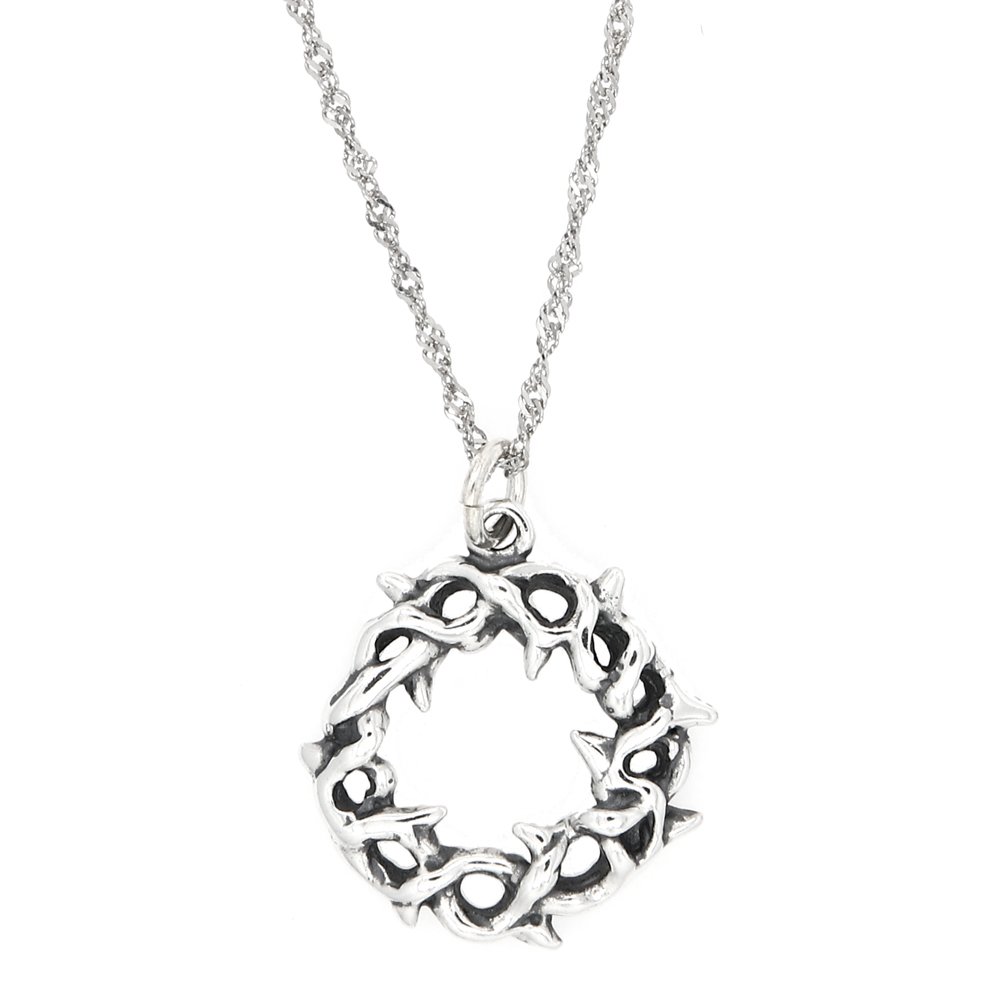 Sterling Silver Oxidized Crown of Thorns Charm Pendant with Thin Singapore Chain Necklace - Religious Jewelry for Women, Gift for Baptism & Easter