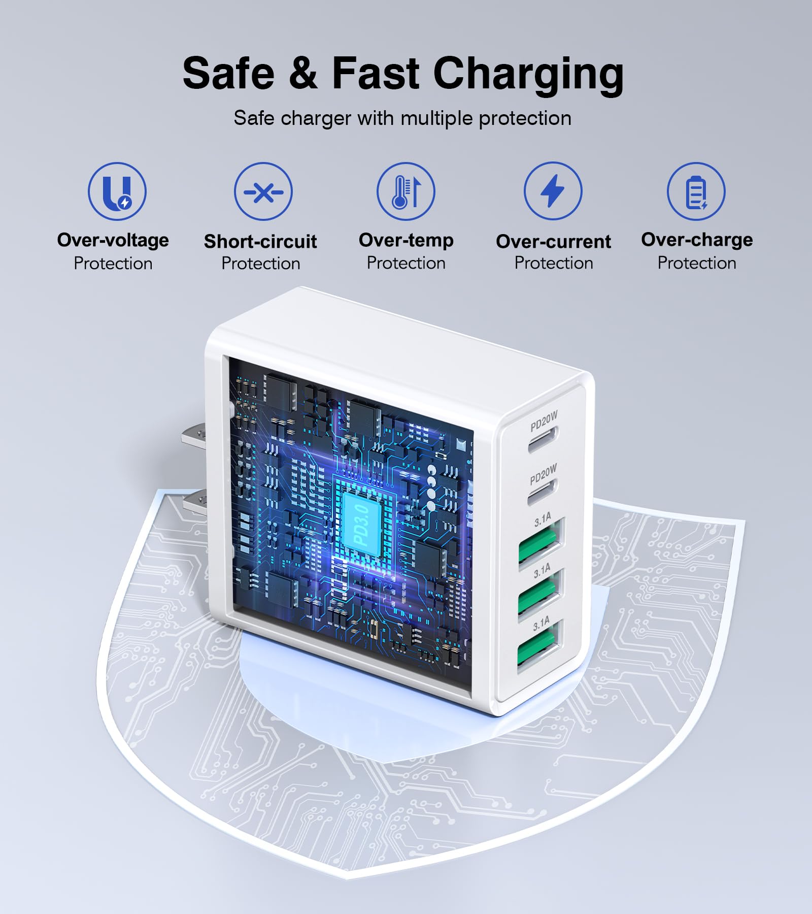 2-Pack 50W 5-Port USB C Wall Charger with PD Fast Charging - Dual USB-C & Triple USB-A Ports for iPhone 16/15/14/13/12/Pro Max/XS, iPad, Samsung Galaxy Ultra 2, Nintendo Switch - Perfect for Home, Office & Travel Charging Multiple Devices Simultaneously