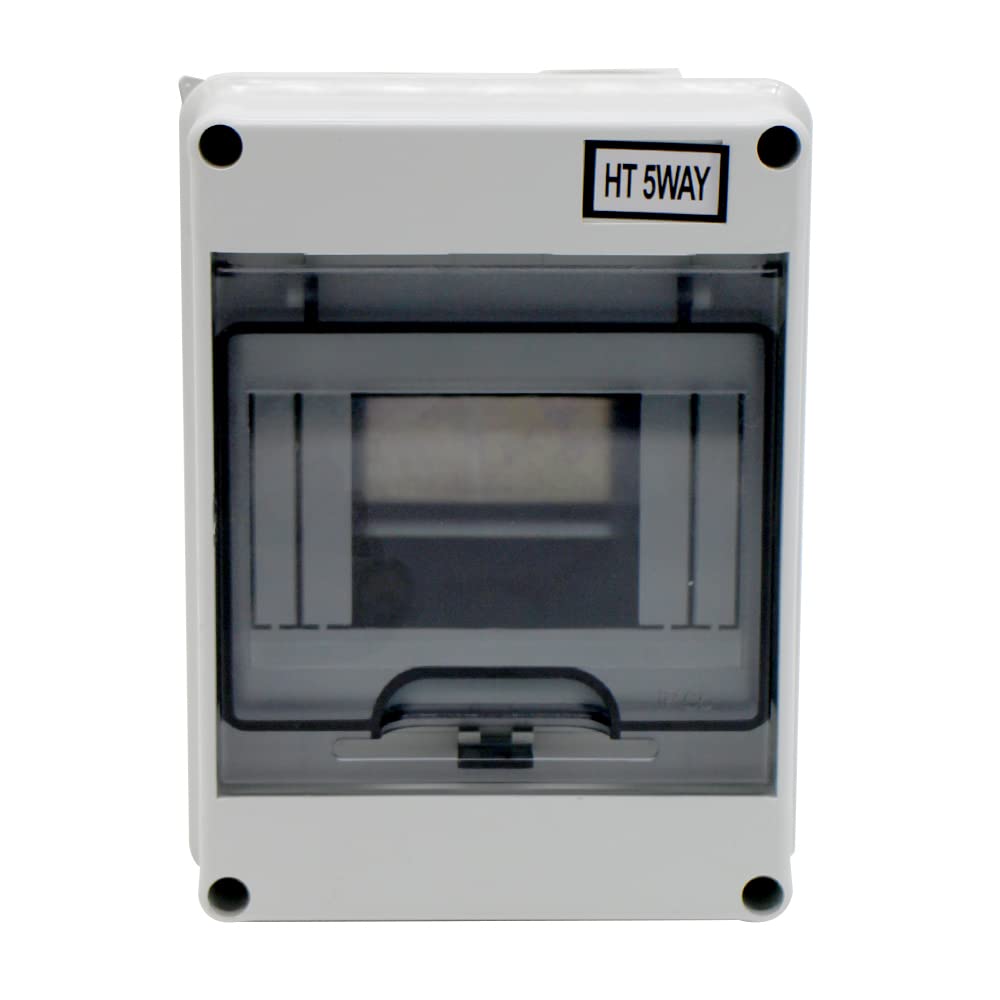5-Way Outdoor Waterproof Circuit Breaker Distribution Box with Transparent Cover - Wall Mount Electrical Panel for Home, Garage & Workshop Use