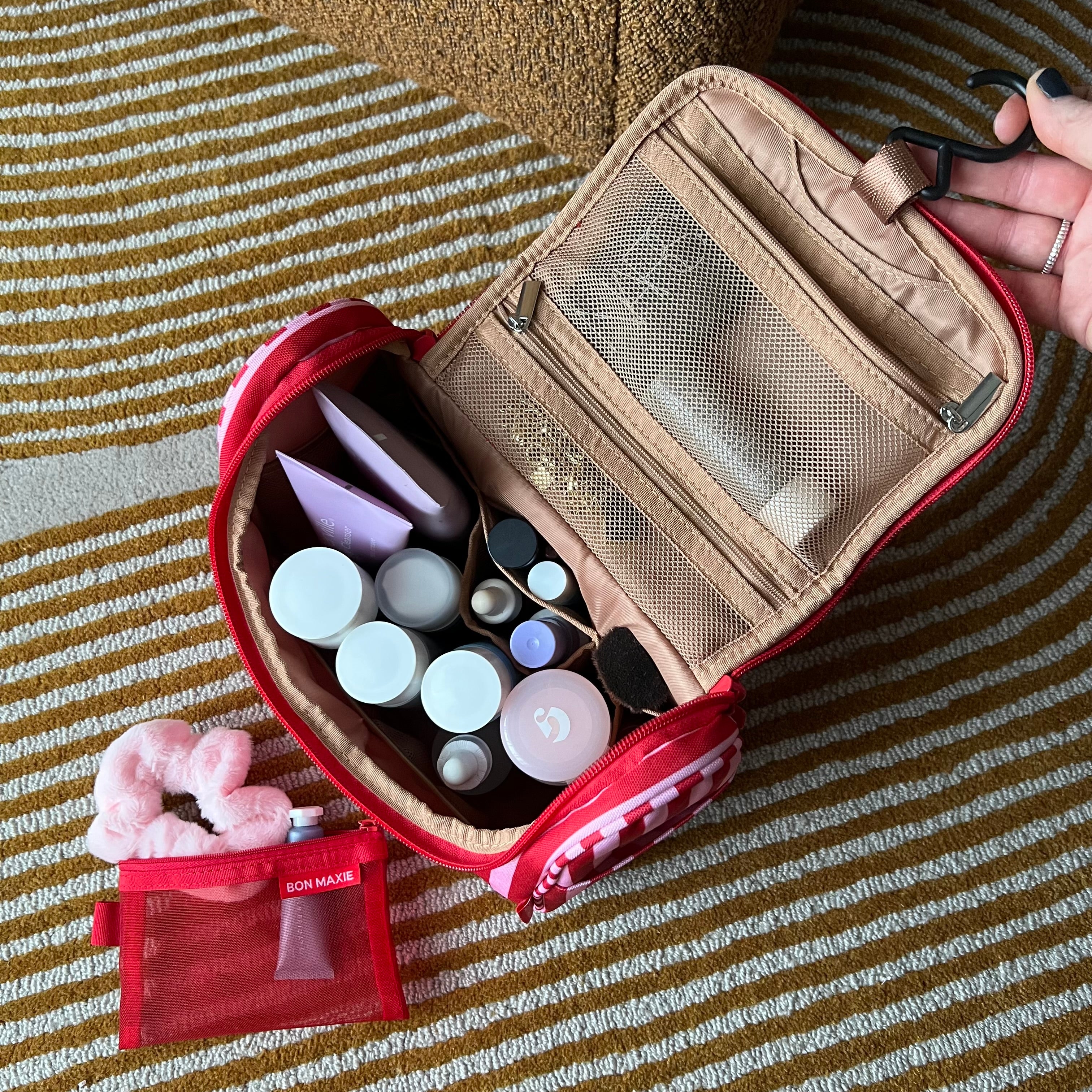 Bon Voyage Travel Toiletry Bag - Waterproof Cosmetic Organizer with Pink & Red Stripes | Perfect for Vacation, Business Trips & Gym Essentials