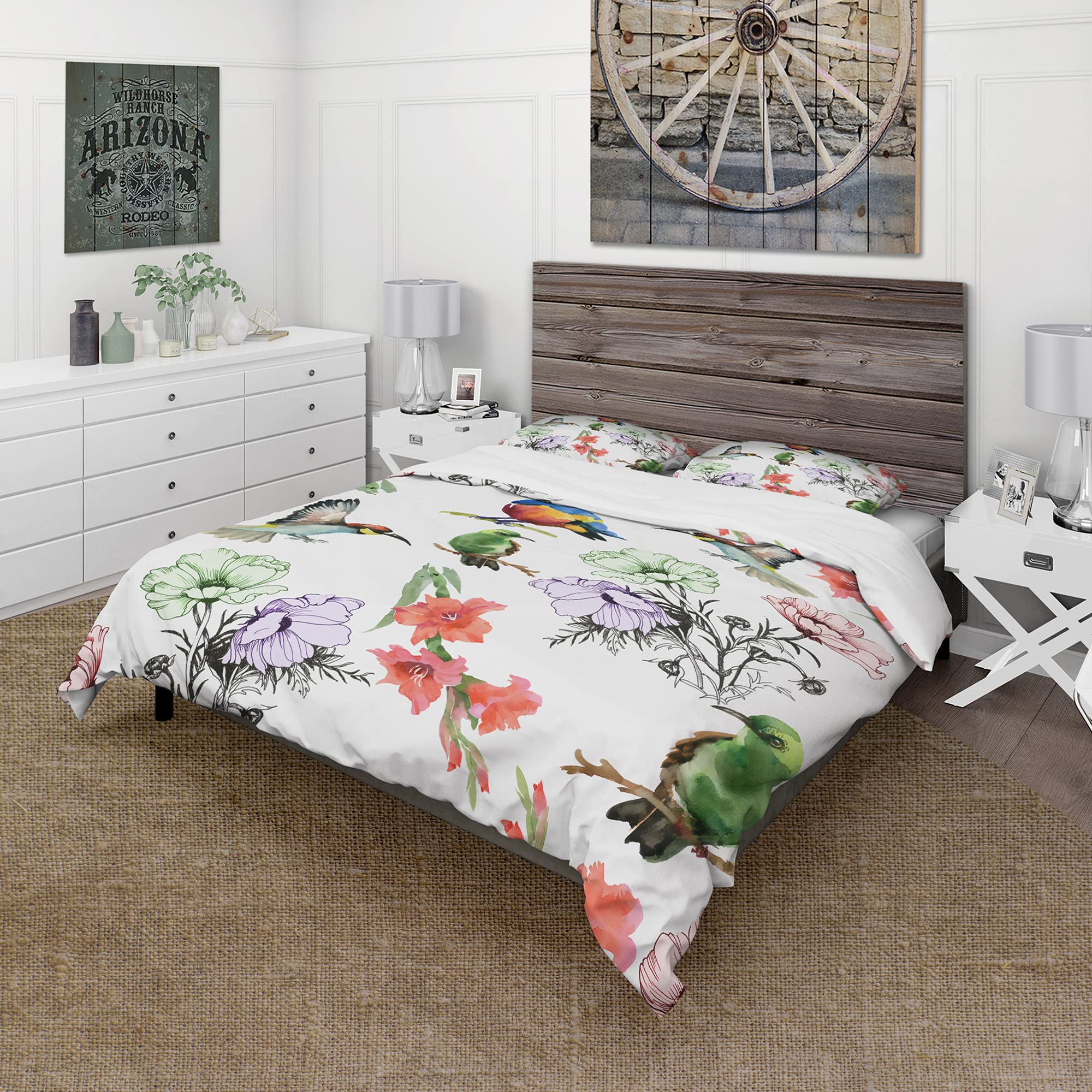 Hummingbirds and Blossoming Flowers Traditional Duvet Cover Set - King Size Green Floral Bedding (3-Piece) | All-Season Luxury Bedroom Decor for Master Bedroom or Guest Room