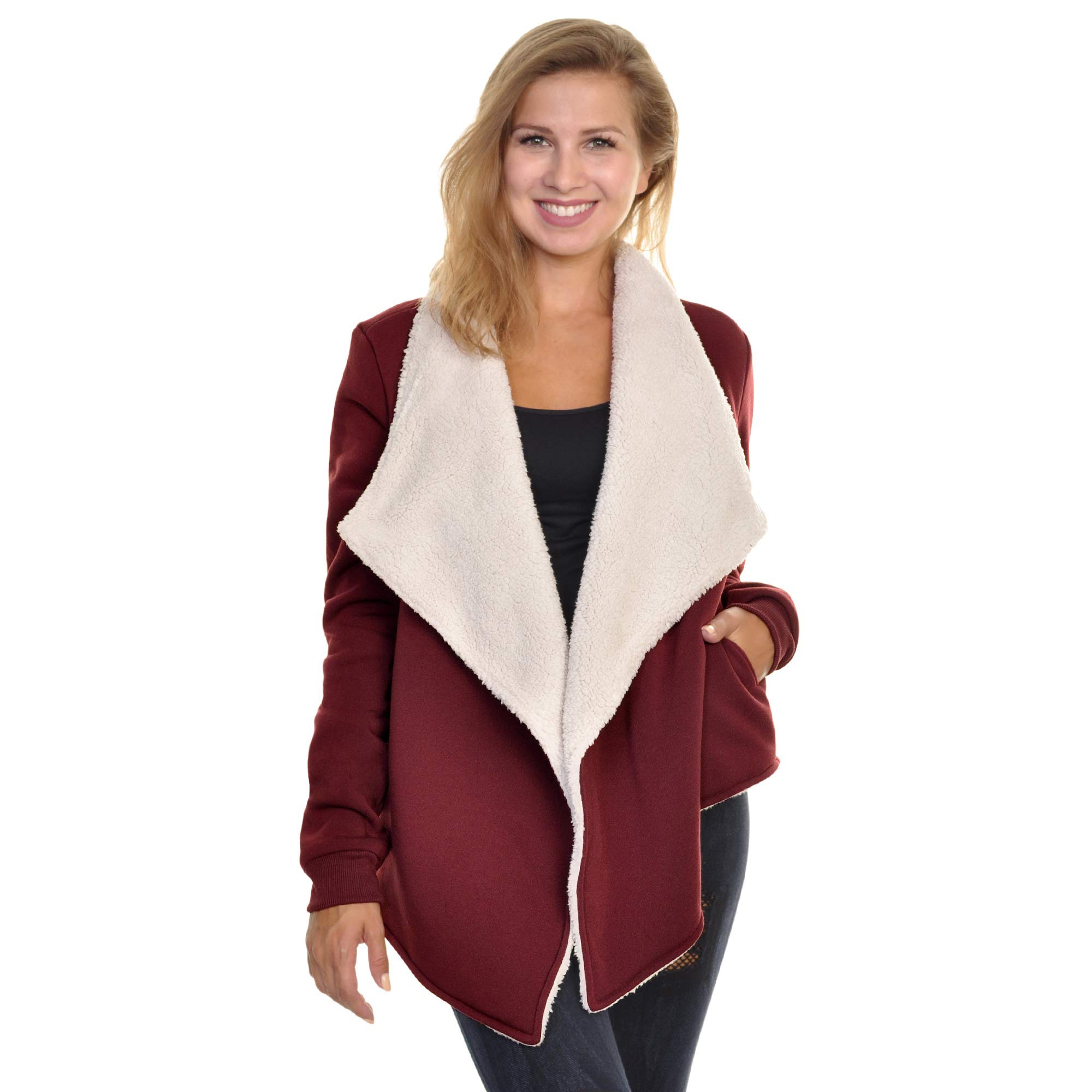 Angelina Women's Sherpa-Lined Cardigan - Cozy Fleece Jacket for Winter, Warm Open Front Sweater with Pockets - Perfect for Casual Outfits, Lounge Wear & Cold Weather Fashion