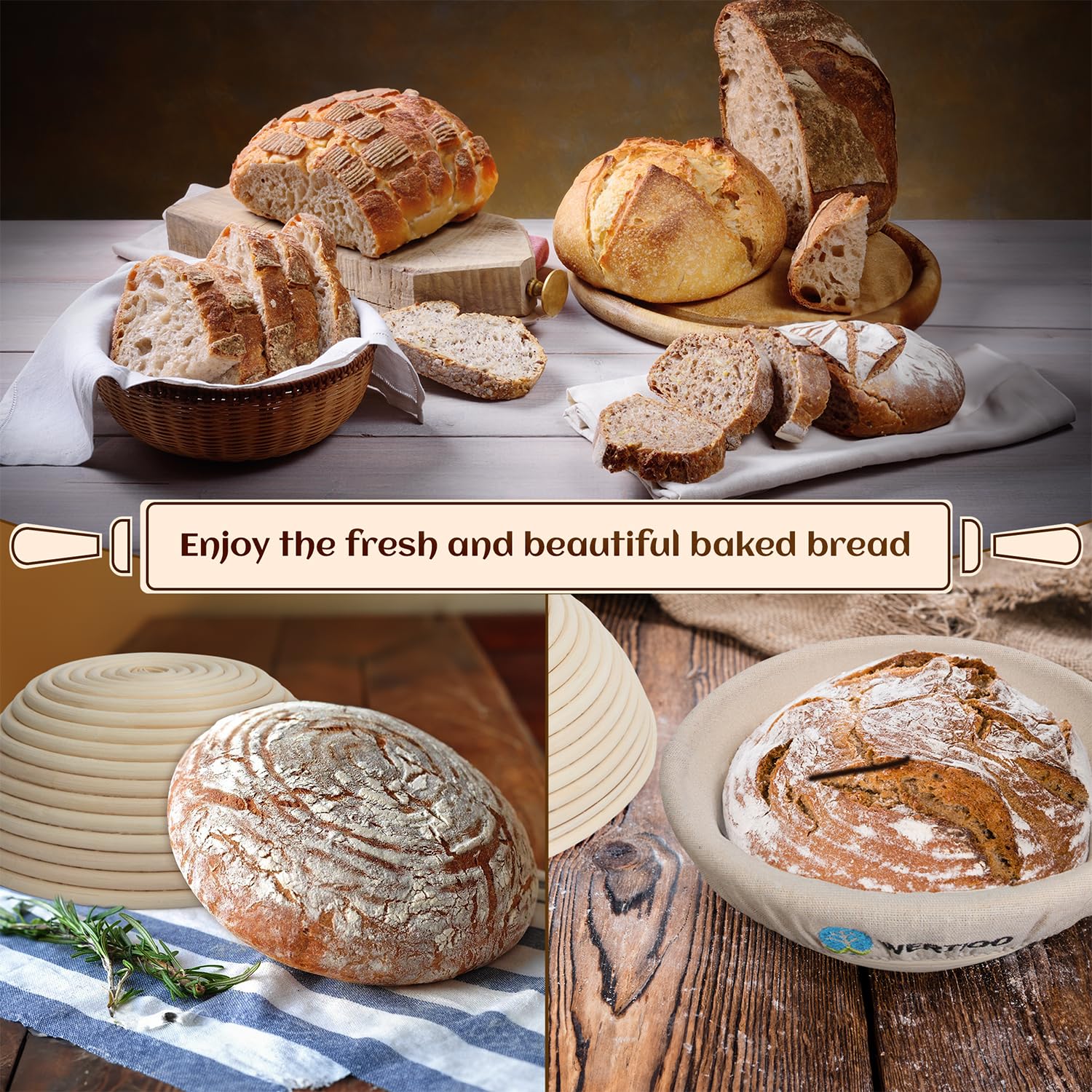 Premium Banneton Bread Proofing Basket Set of 2 - 9 Inch Round Sourdough Proofing Baskets with Dough Scraper, Danish Whisk & Bread Lame | Artisan Sourdough Baking Kit for Homemade Bread | Perfect for Bakers & Bread Making Enthusiasts