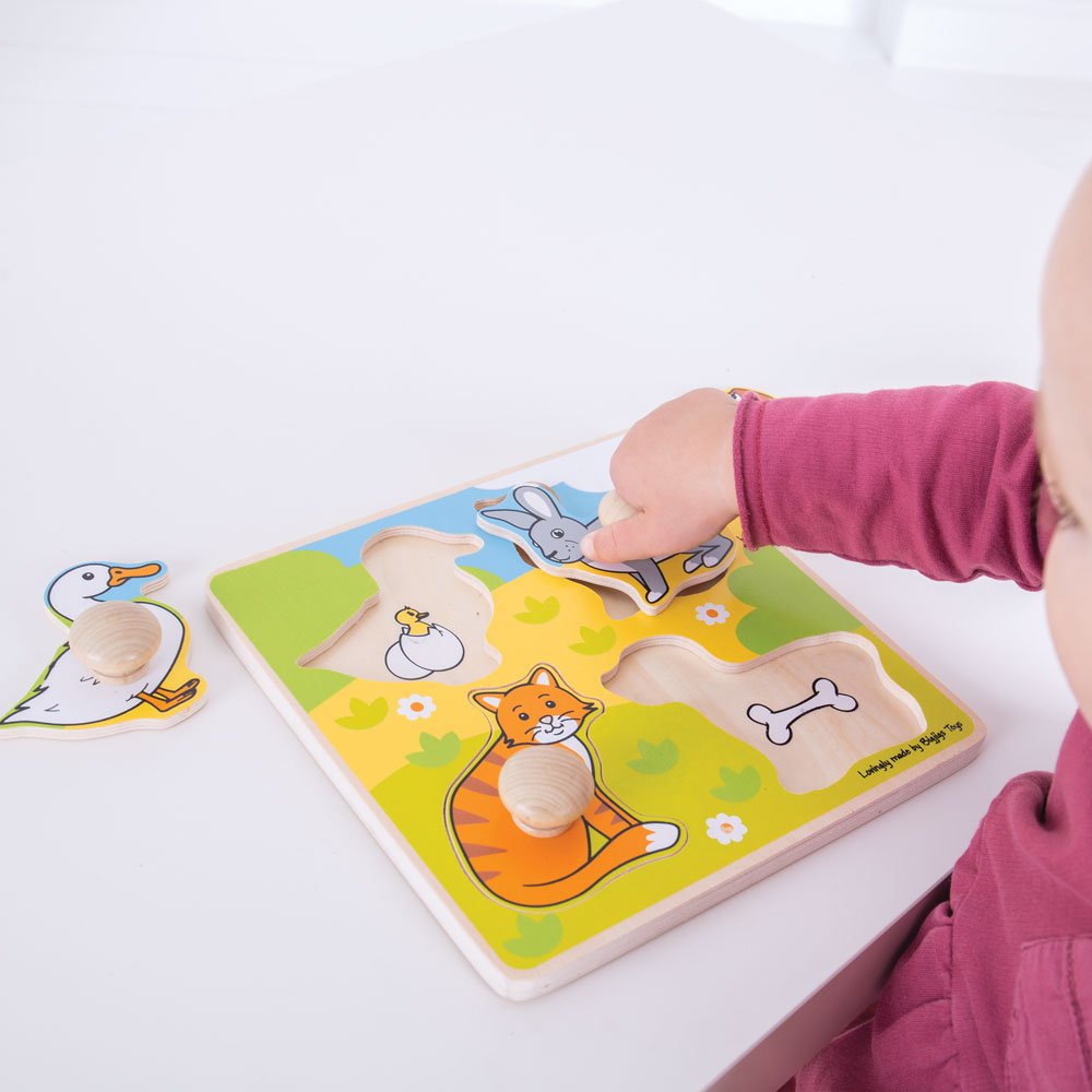 Bigjigs Toys Wooden Peg Puzzle Pets - Educational Animal Puzzle for Toddlers 1+ Year Old, Fine Motor Skills Learning Toy for Babies & Kids, First Wooden Jigsaw Puzzle - Perfect for Early Childhood Development & Montessori Playtime