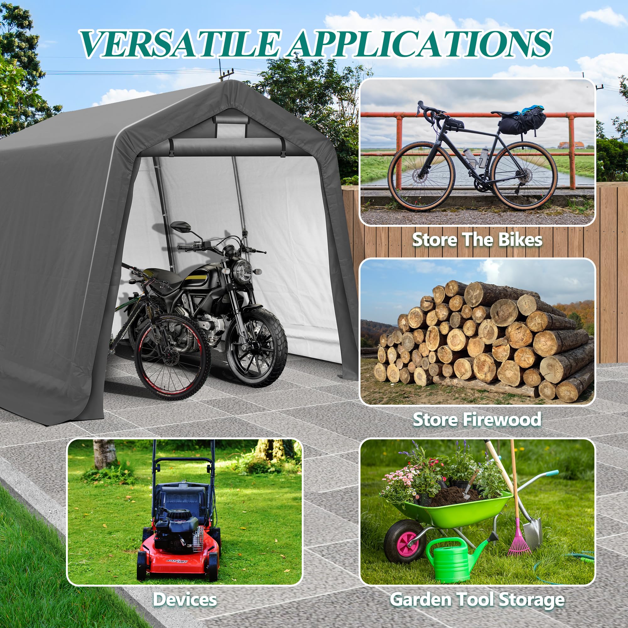 Heavy Duty 8x8 Outdoor Storage Shed Tent with Roll-up Ventilated Windows - Portable Garage Shelter for Bike, ATV, Motorcycle - Waterproof & UV Resistant - Perfect for Backyard, Patio, and Driveway Storage (Gray)