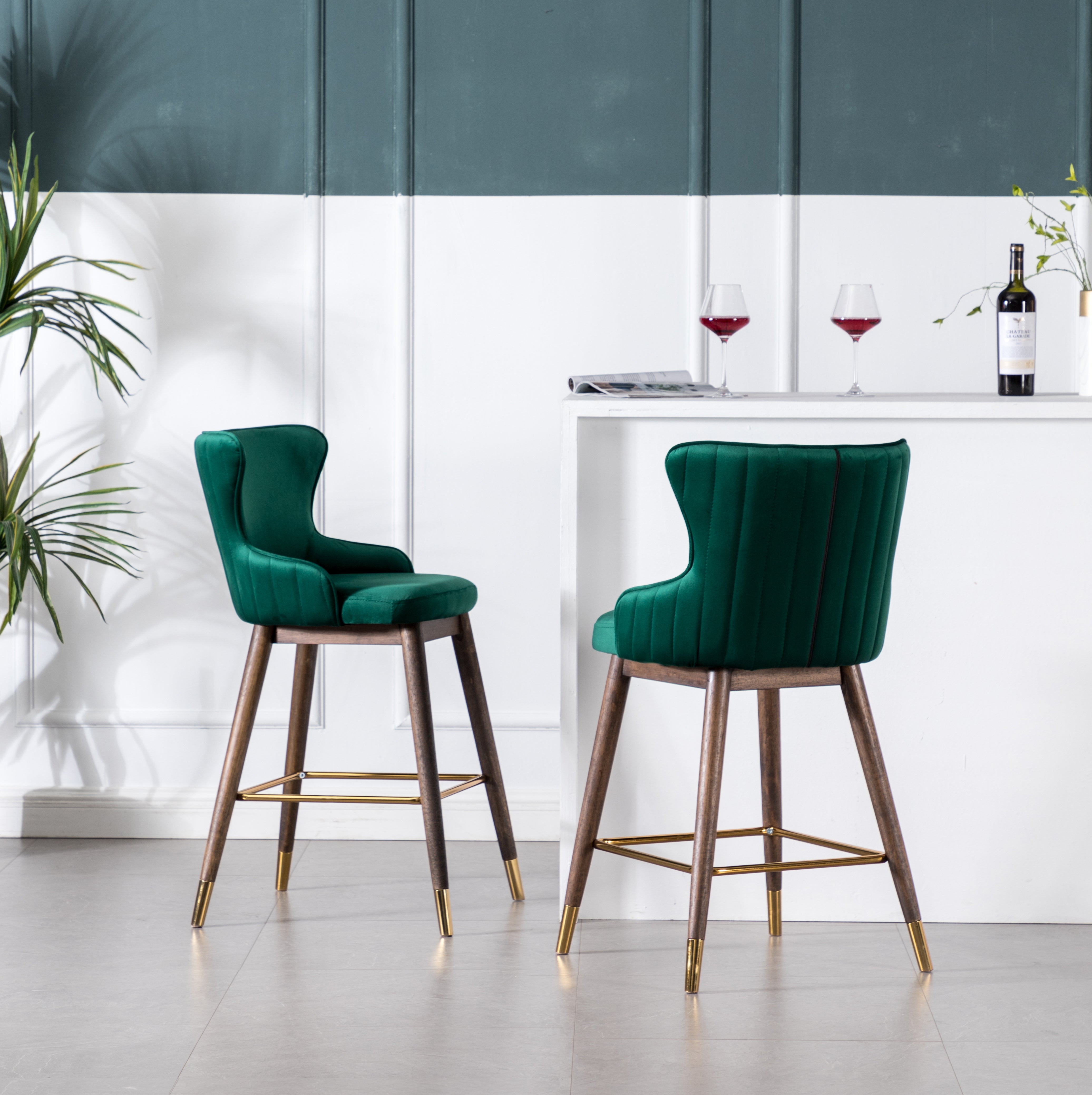 Roundhill Furniture Leland Fabric Upholstered Counter Height Wingback Bar Stools, Green, Set of 2 - Perfect for Kitchen Islands, Breakfast Nooks & Home Bars