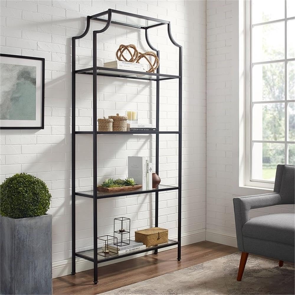 Pemberly Row Modern Metal and Glass Etagere Bookcase - Oil Rubbed Bronze with Clear Shelves | Stylish Home Office & Living Room Storage Solution