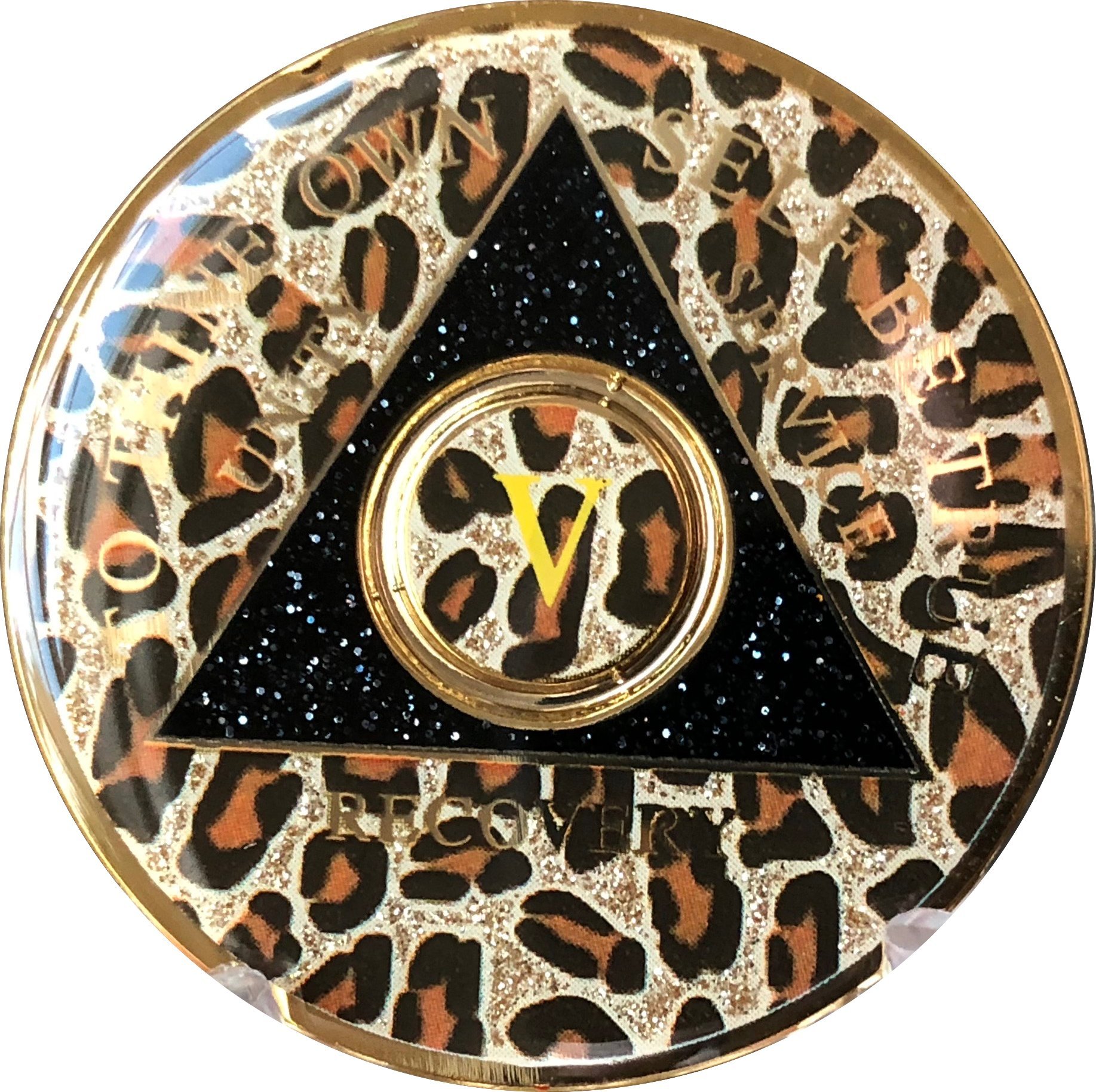 5 Year AA Medallion Leopard Print Tri-Plate Bling Bling Chip - Stylish Rhinestone Accessory for Casino Nights, Costume Parties & Bachelorette Events