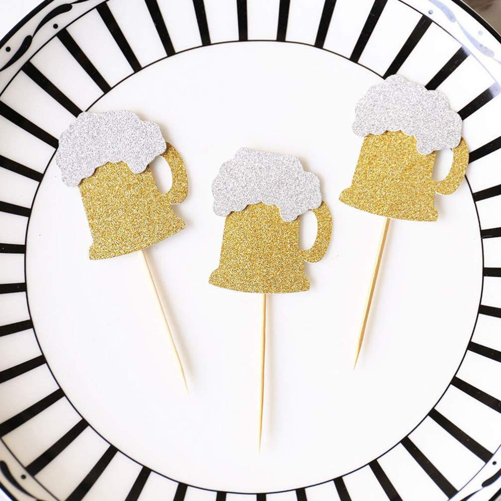 20Pcs Gold Glitter Beer Mug Cupcake Toppers - Edible Cake Decorations for Bachelorette, Wedding, Birthday & Baby Shower Parties - Perfect for Themed Celebrations, Graduations & Festive Events