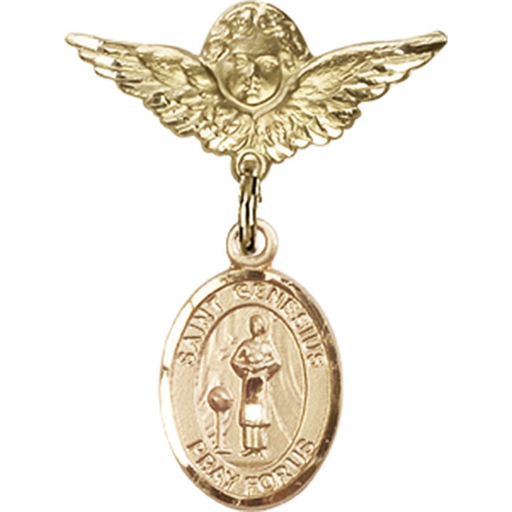 Gold Filled Baby Badge with St. Genesius of Rome Charm & Angel Wing Pin - 1 x 3/4 Inch Religious Jewelry - Perfect for Baptism Gifts, Christening Keepsakes & First Communion Accessories
